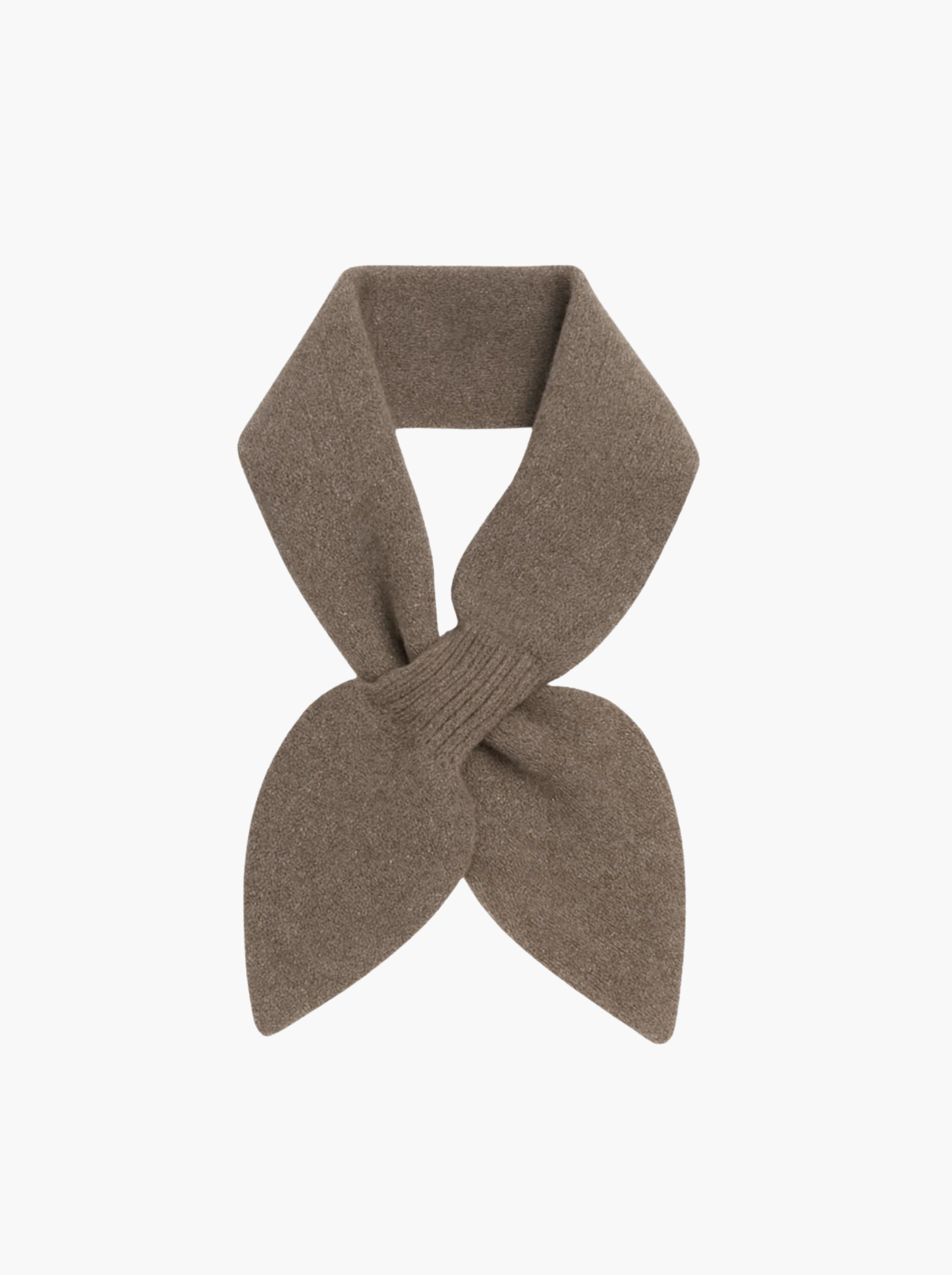 A taupe brown knit scarf styled in a bow knot, presented on a clean white background.