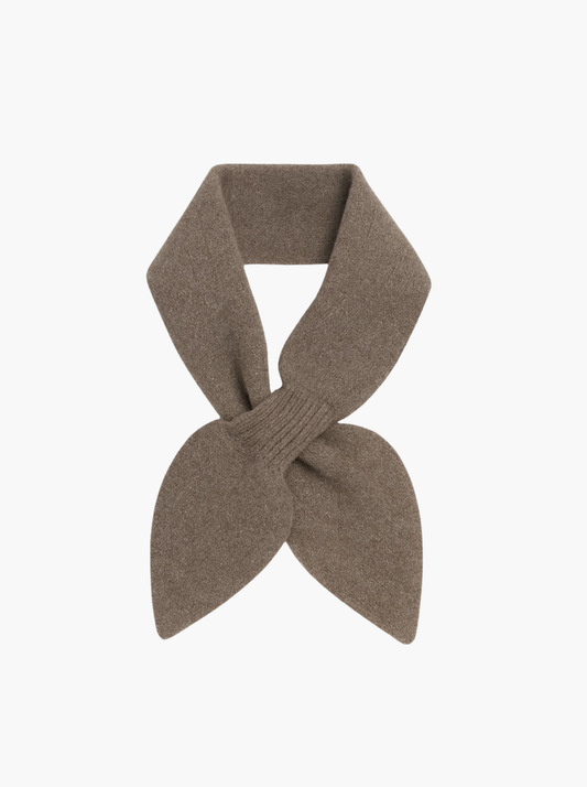 A taupe brown knit scarf styled in a bow knot, presented on a clean white background.