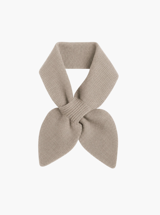 Light brown  knit scarf styled in a bow knot, presented on a clean white background.