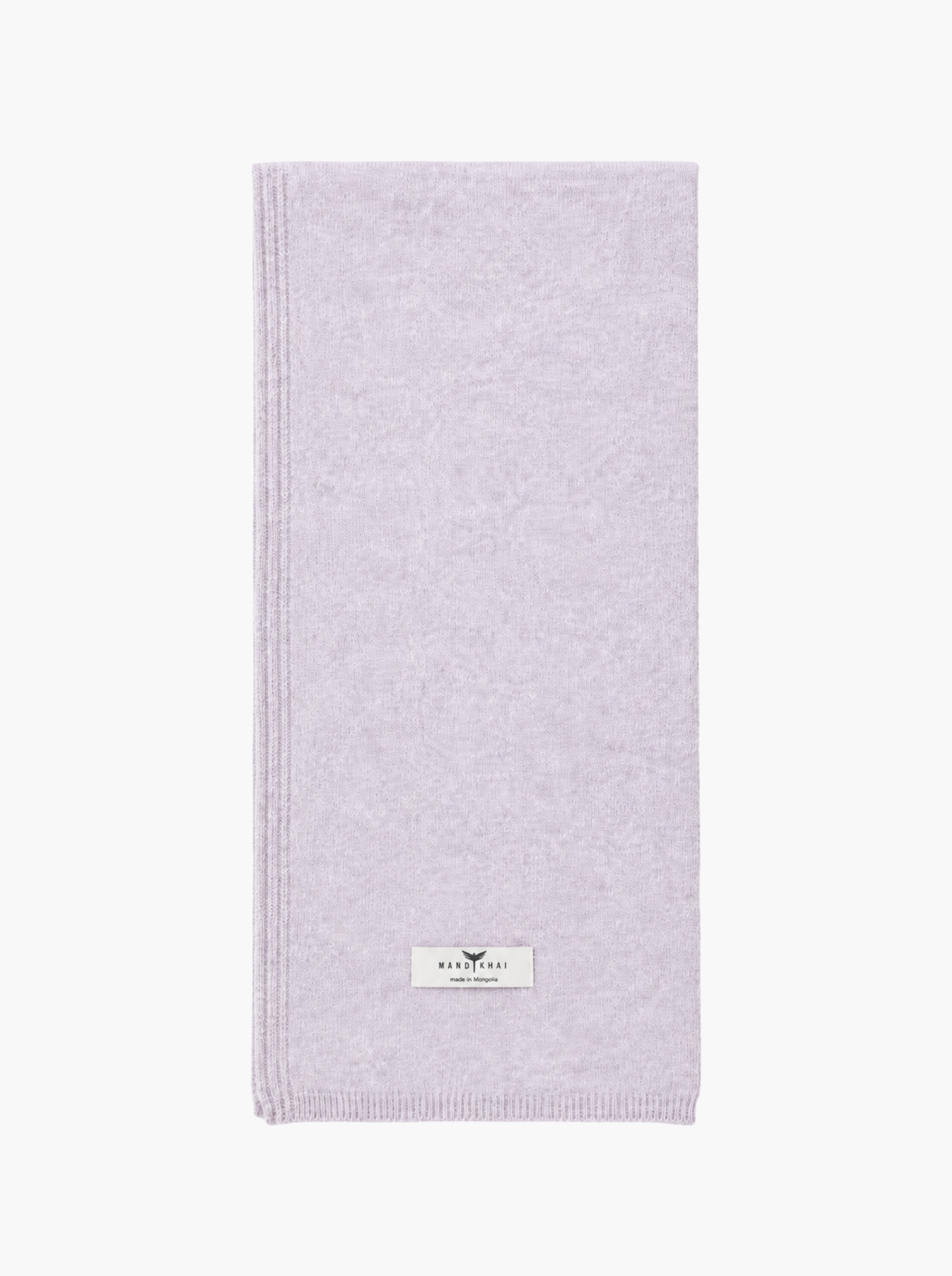 A light lavender knit scarf with a small white brand label near the bottom edge, displayed flat against a clean white background.