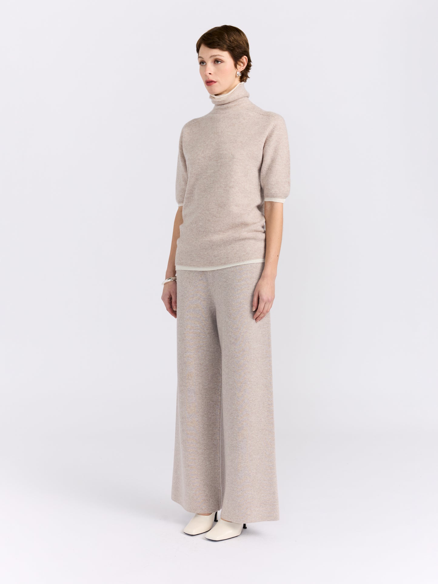New Beige and White Double Layer Short Sleeve Sweater