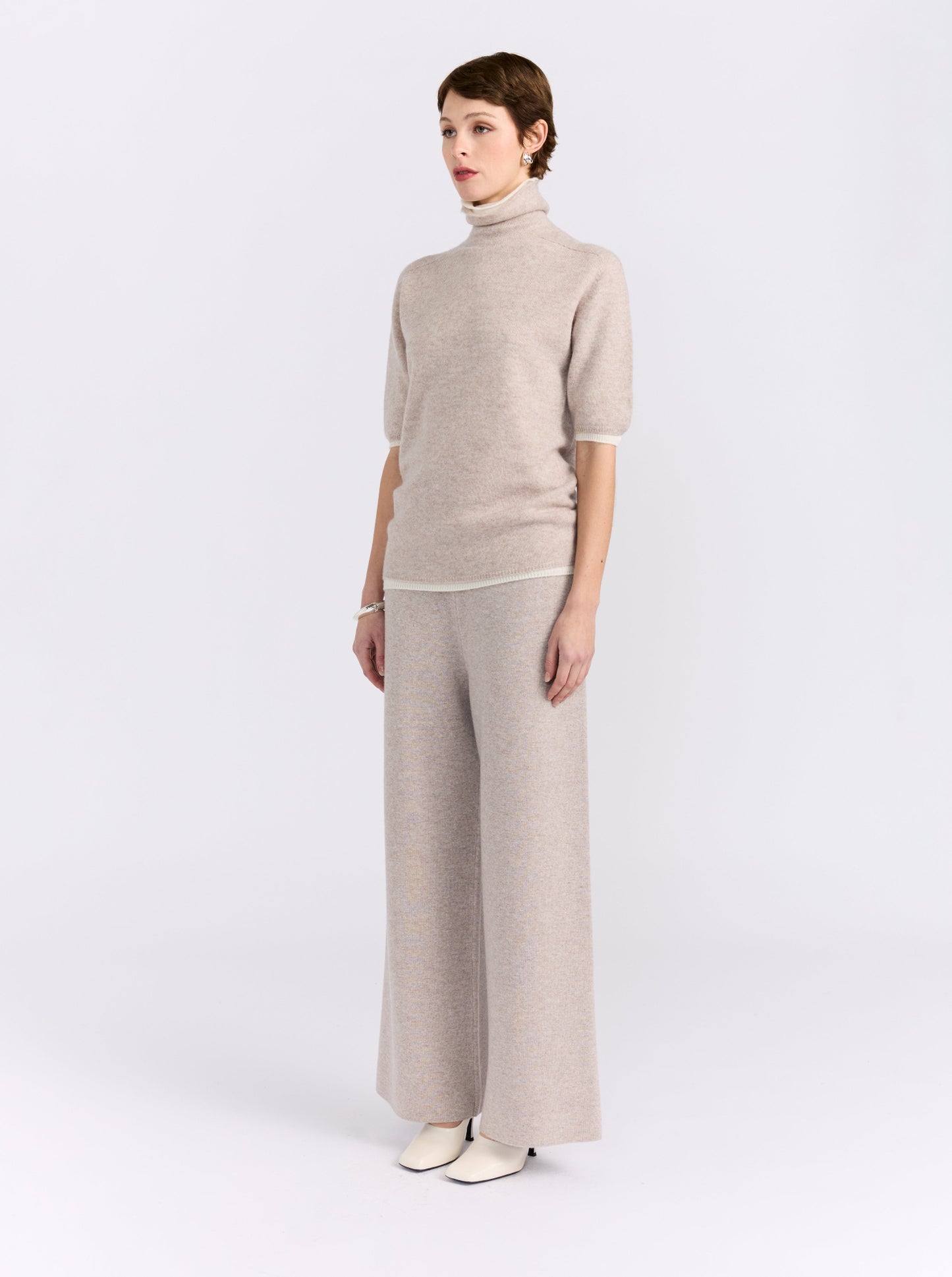 New Beige and White Double Layer Short Sleeve Sweater