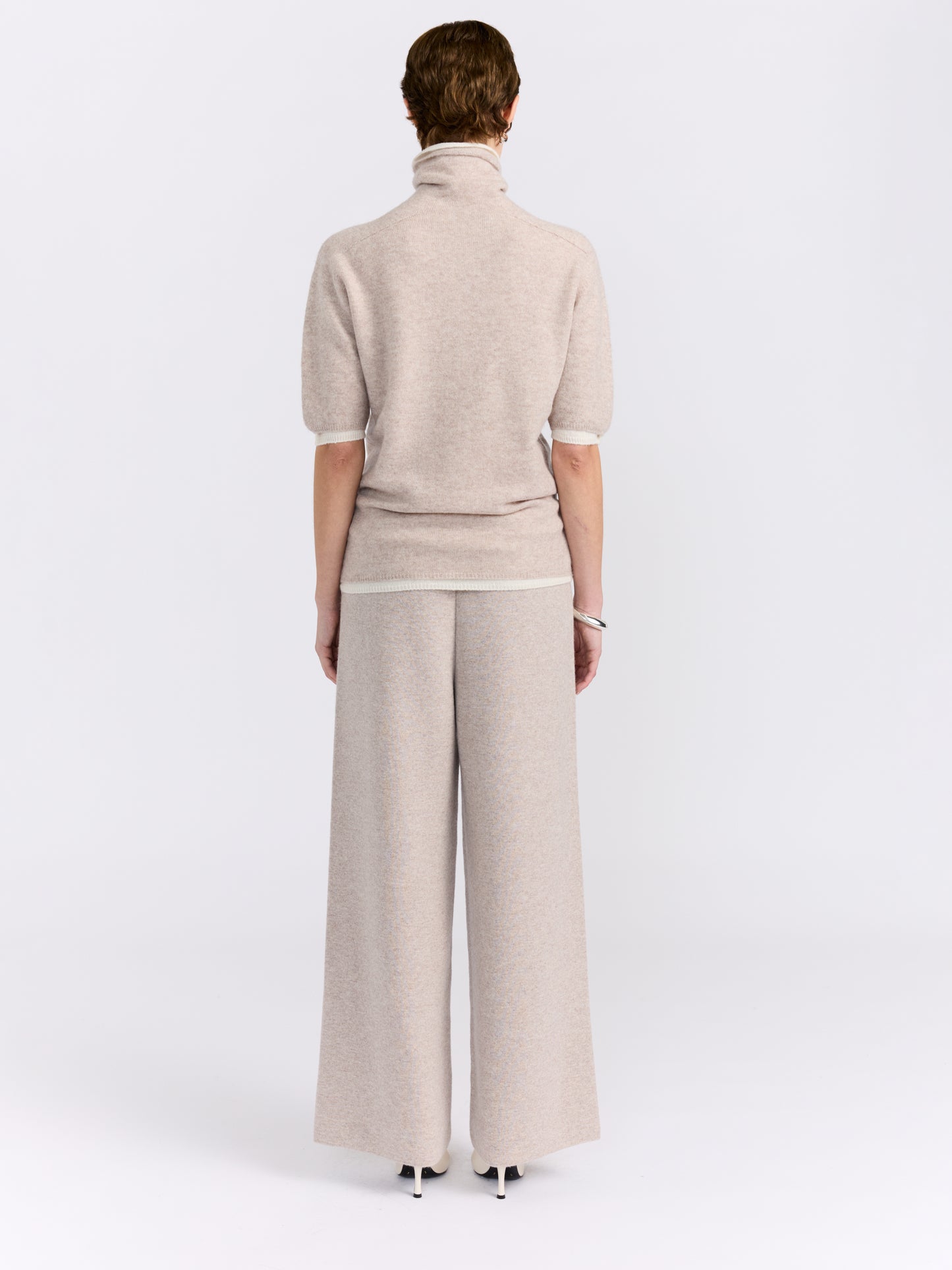 New Beige and White Double Layer Short Sleeve Sweater