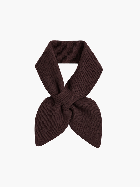 A dark brown ribbed knit scarf tied in a bow shape, presented on a clean white background.