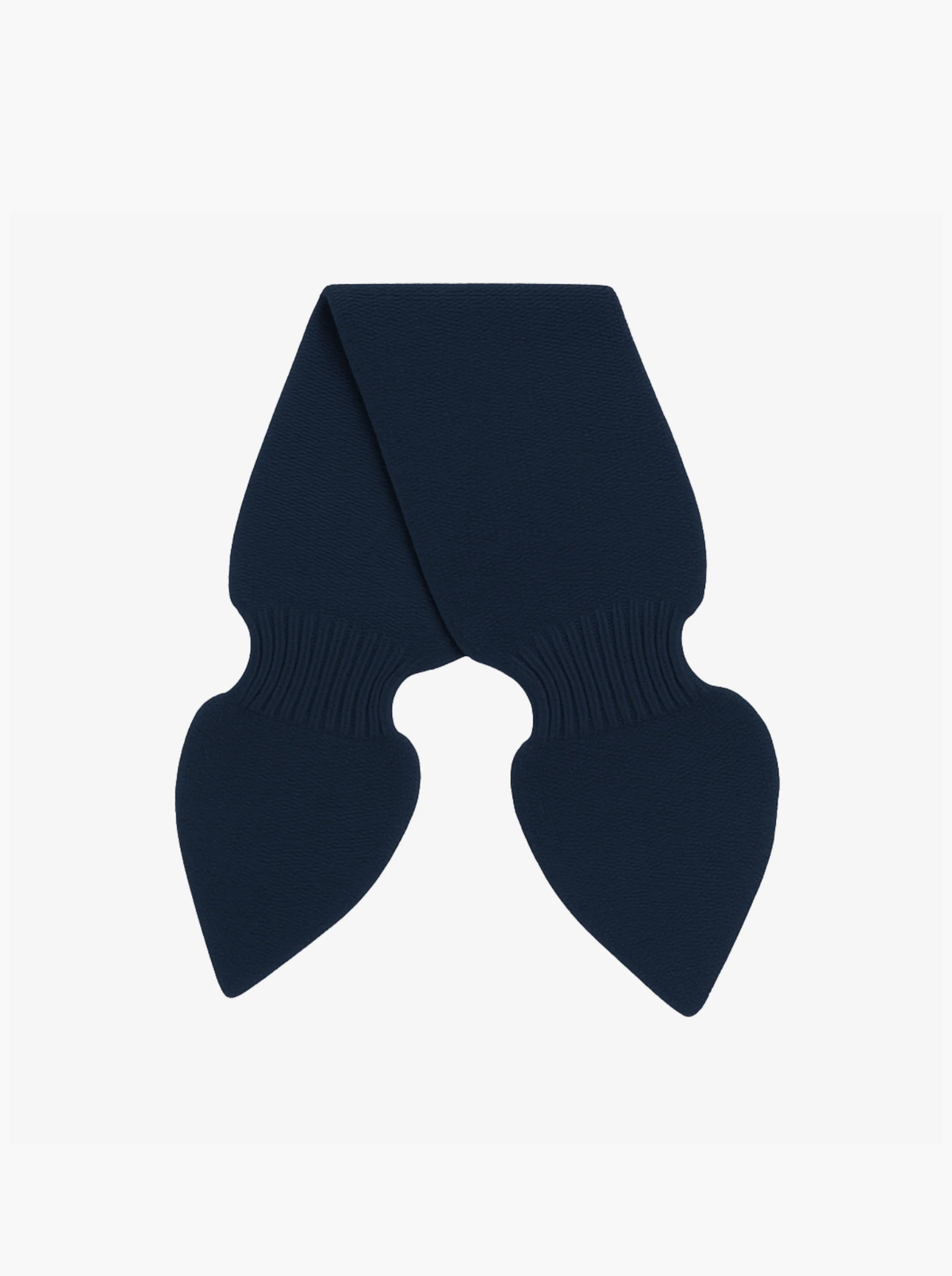 A dark navy blue knit scarf with a unique double-loop design, photographed flat against a solid white background.
