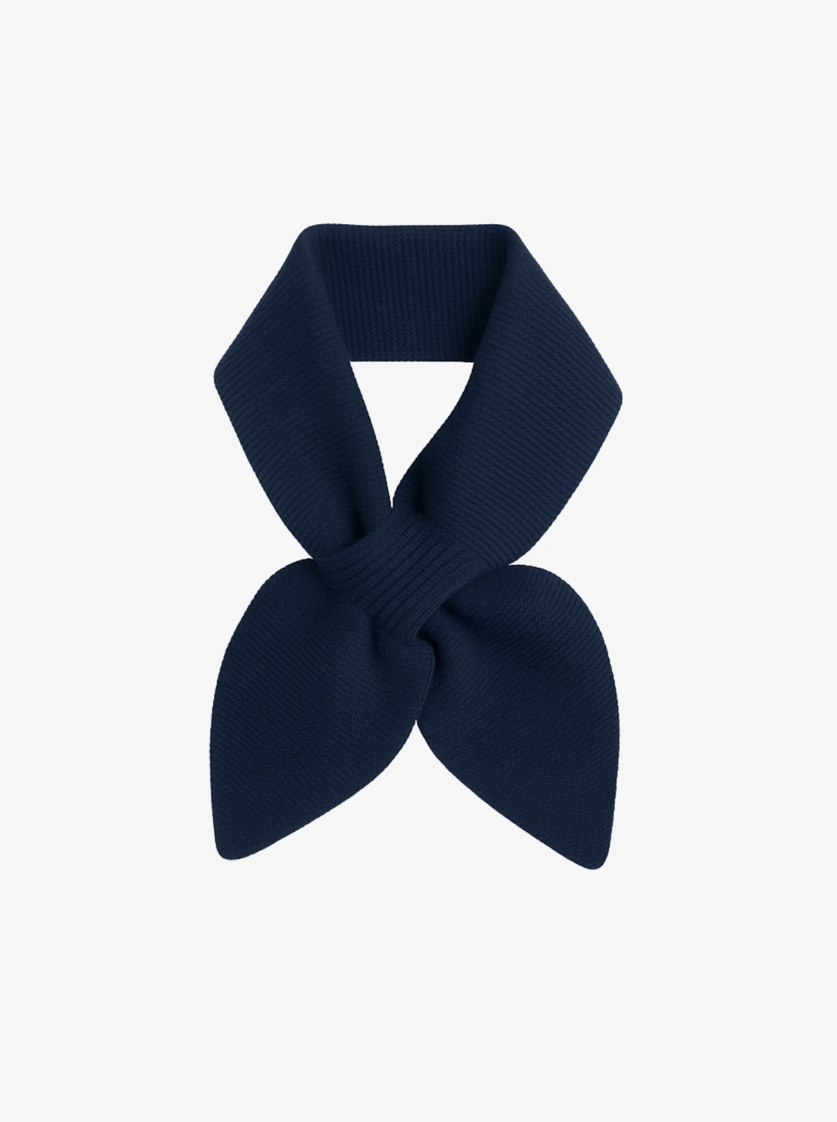 A dark navy blue ribbed knit scarf tied in a bow shape, presented on a clean white background.