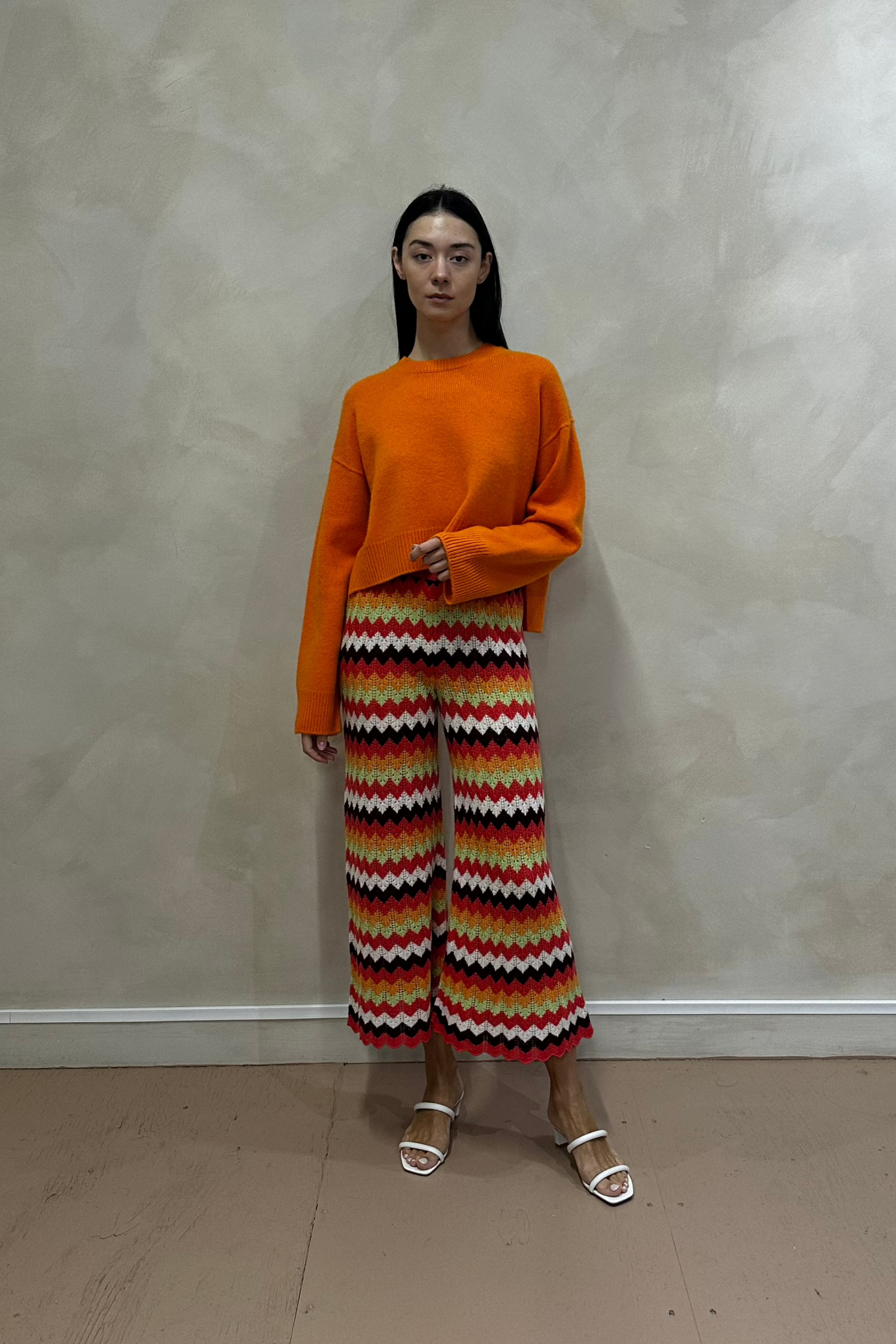 Neon Orange Cropped Round Neck Cashmere Jumper front pose 