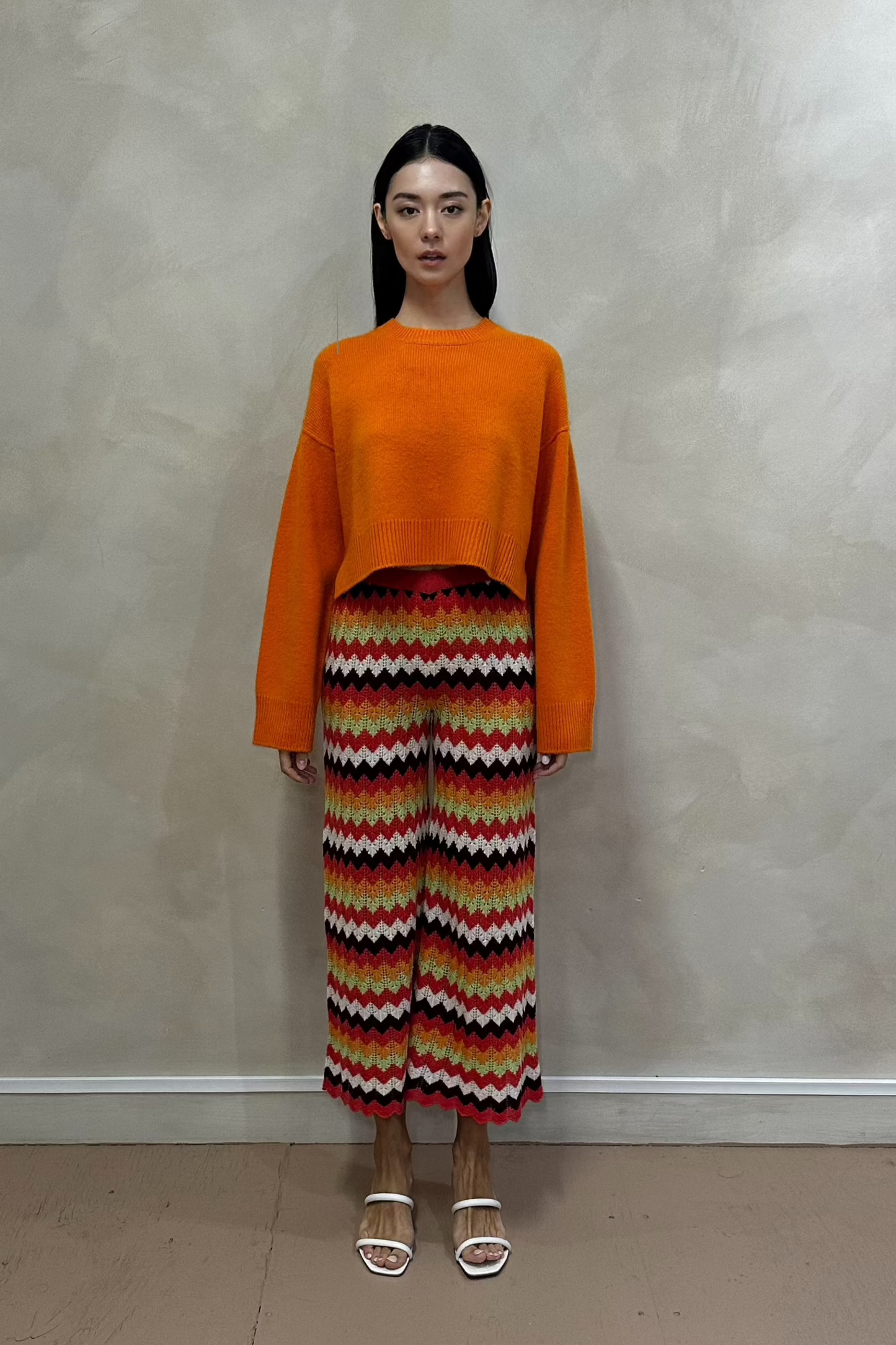 Multicolor Ajur Knit Cropped Samba pants  and Neon Orange Cropped Round Neck Cashmere Jumper front 