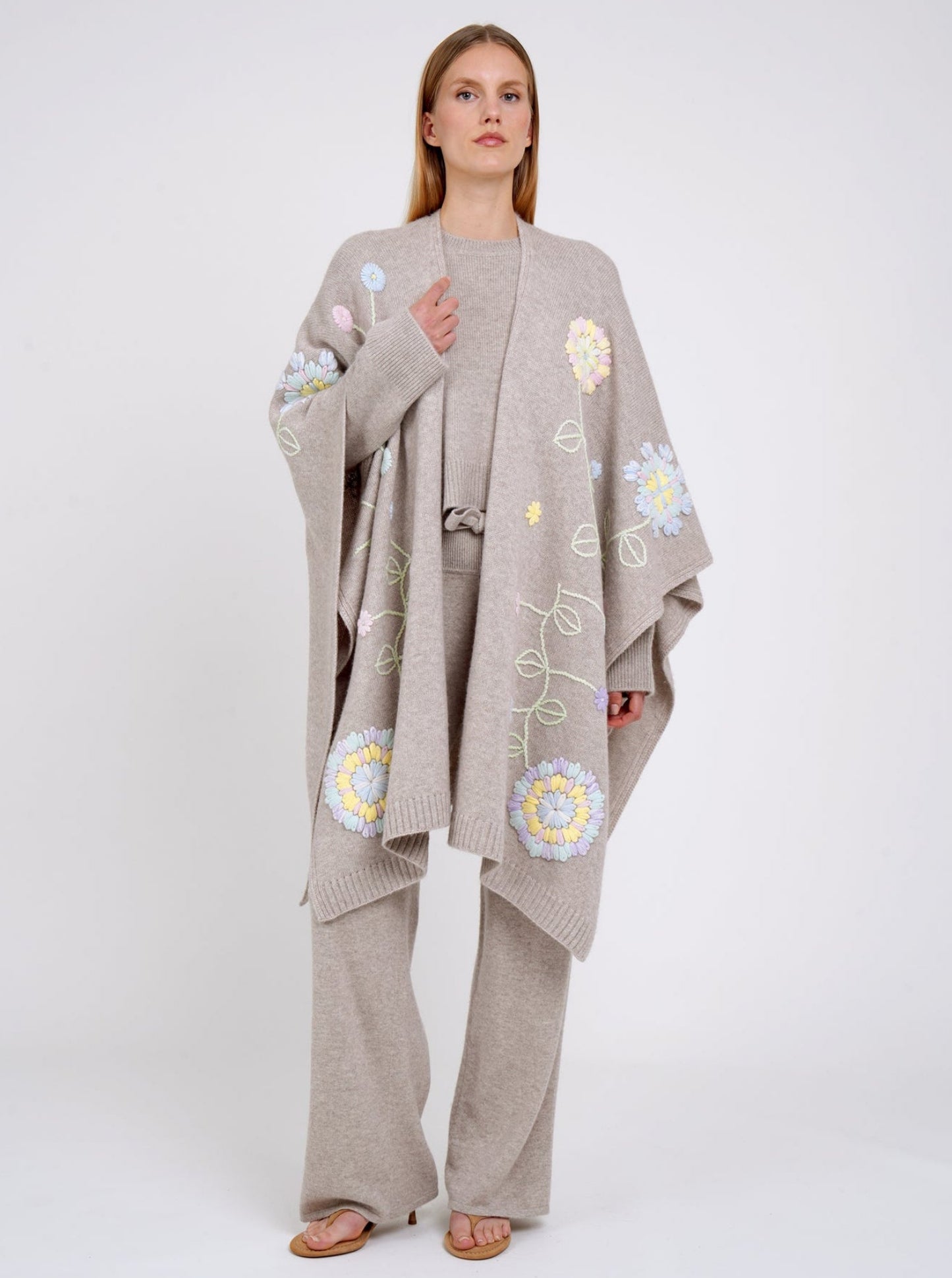 New Beige Cashmere Wrap with Pastel Flower Embroidery