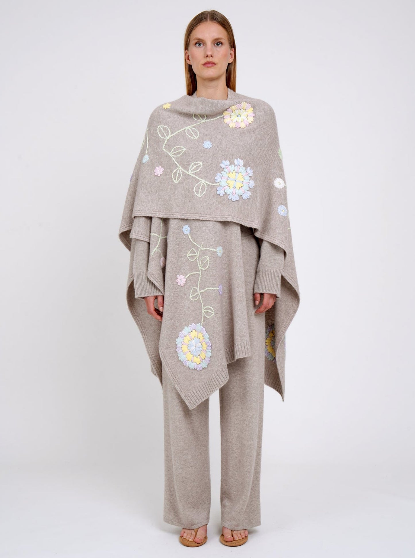 New Beige Cashmere Wrap with Pastel Flower Embroidery