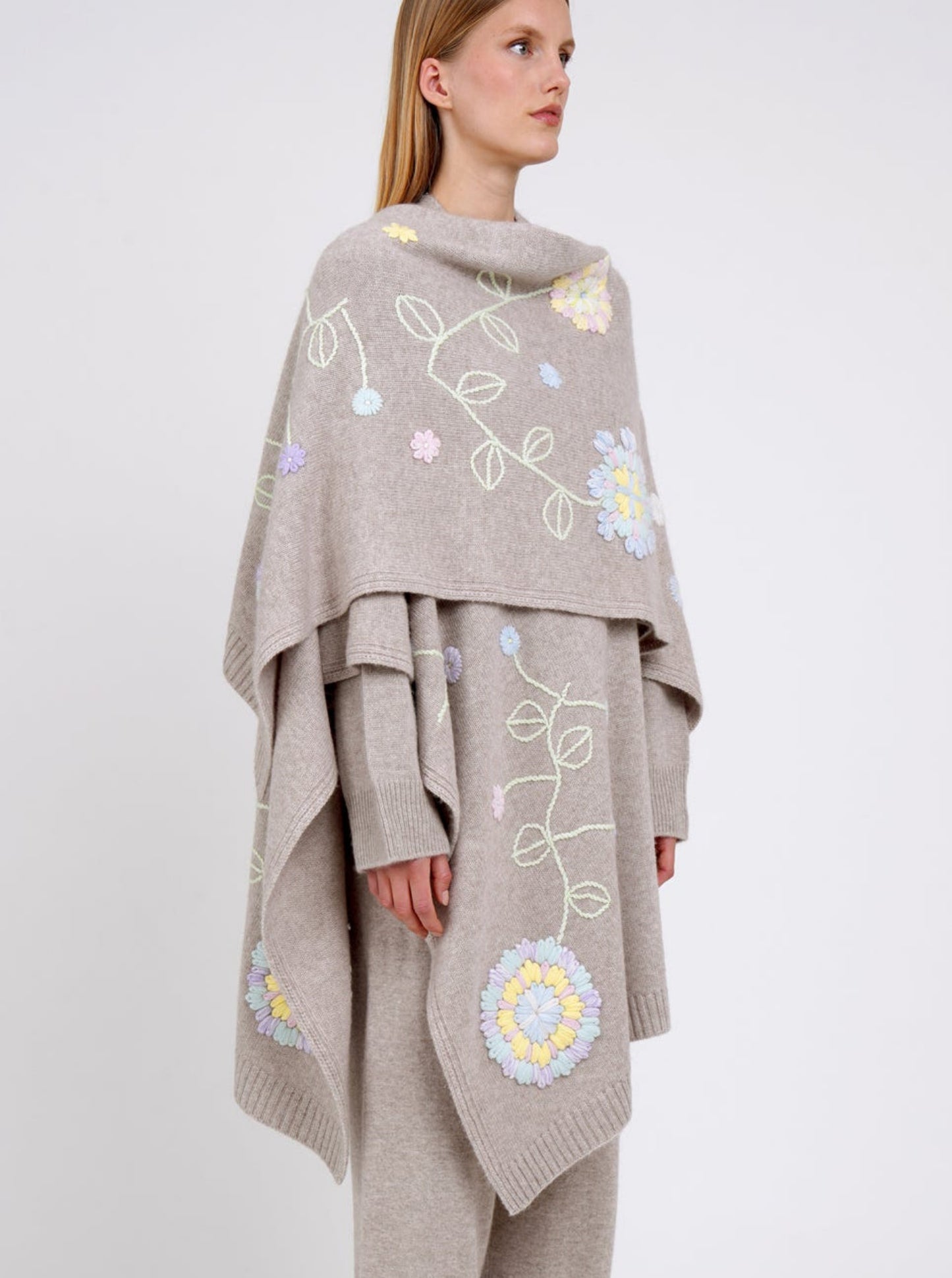 New Beige Cashmere Wrap with Pastel Flower Embroidery