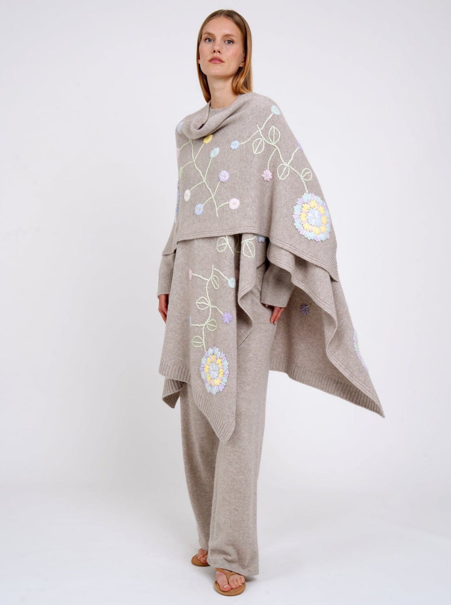 New Beige Cashmere Wrap with Pastel Flower Embroidery