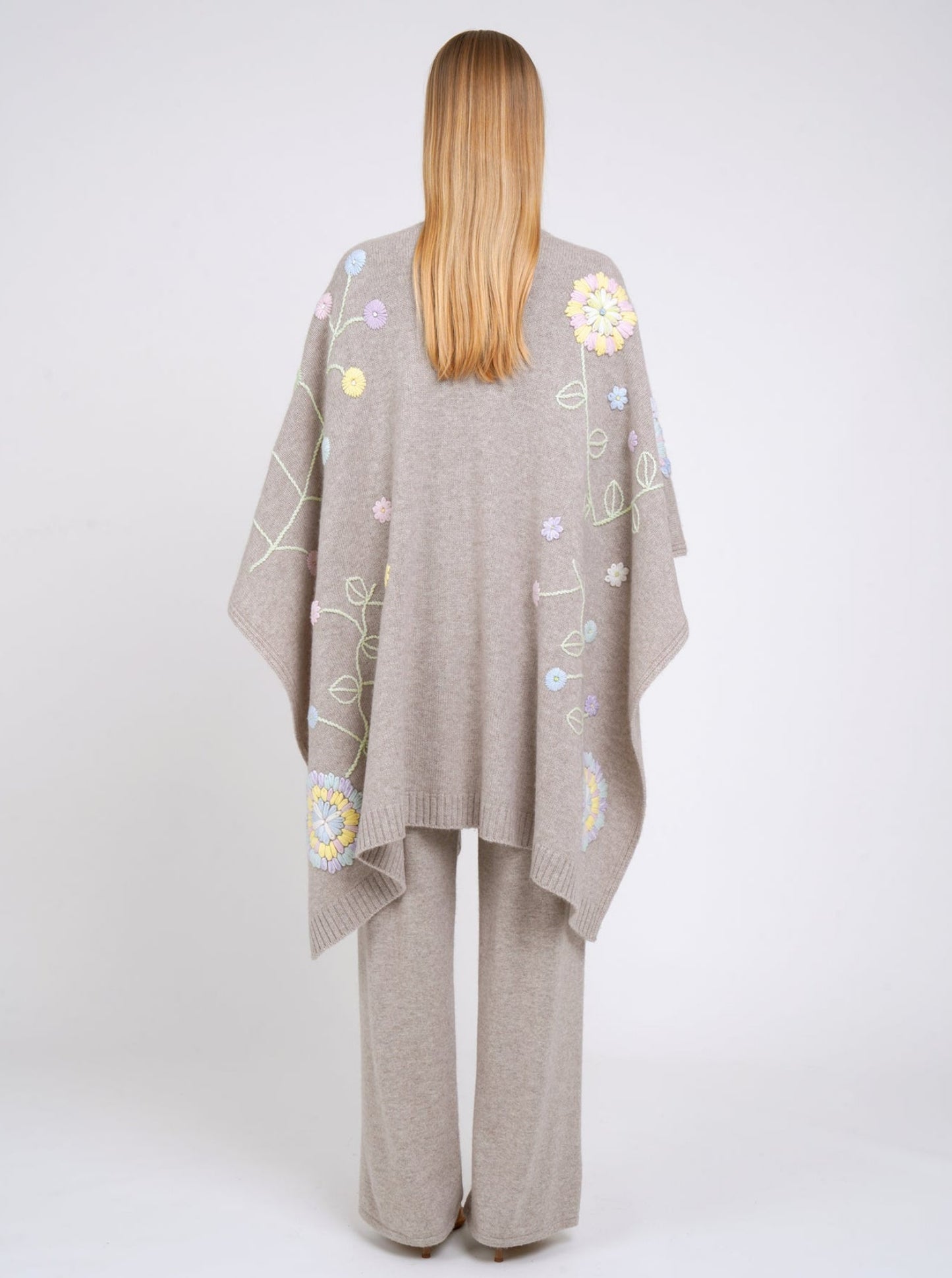 New Beige Cashmere Wrap with Pastel Flower Embroidery