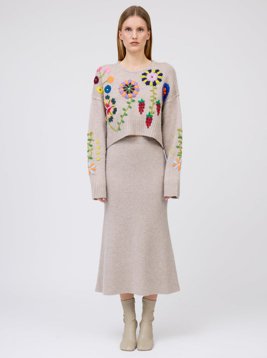 New Beige Cropped Embroidered Jumper with Ribbon Tie