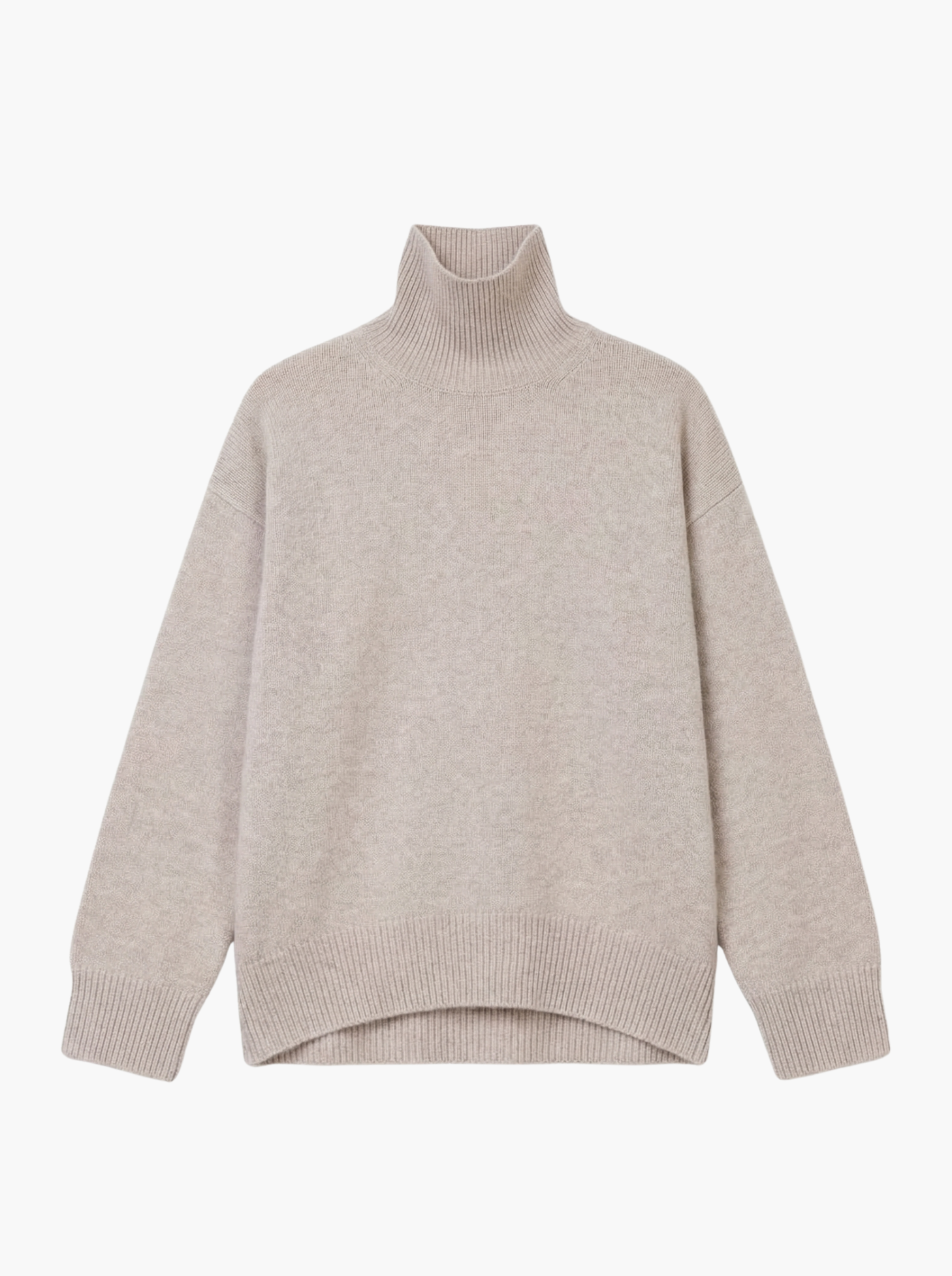 Flat shot on white background beige cashmere oversized roll neck sweater with generous long sleeves