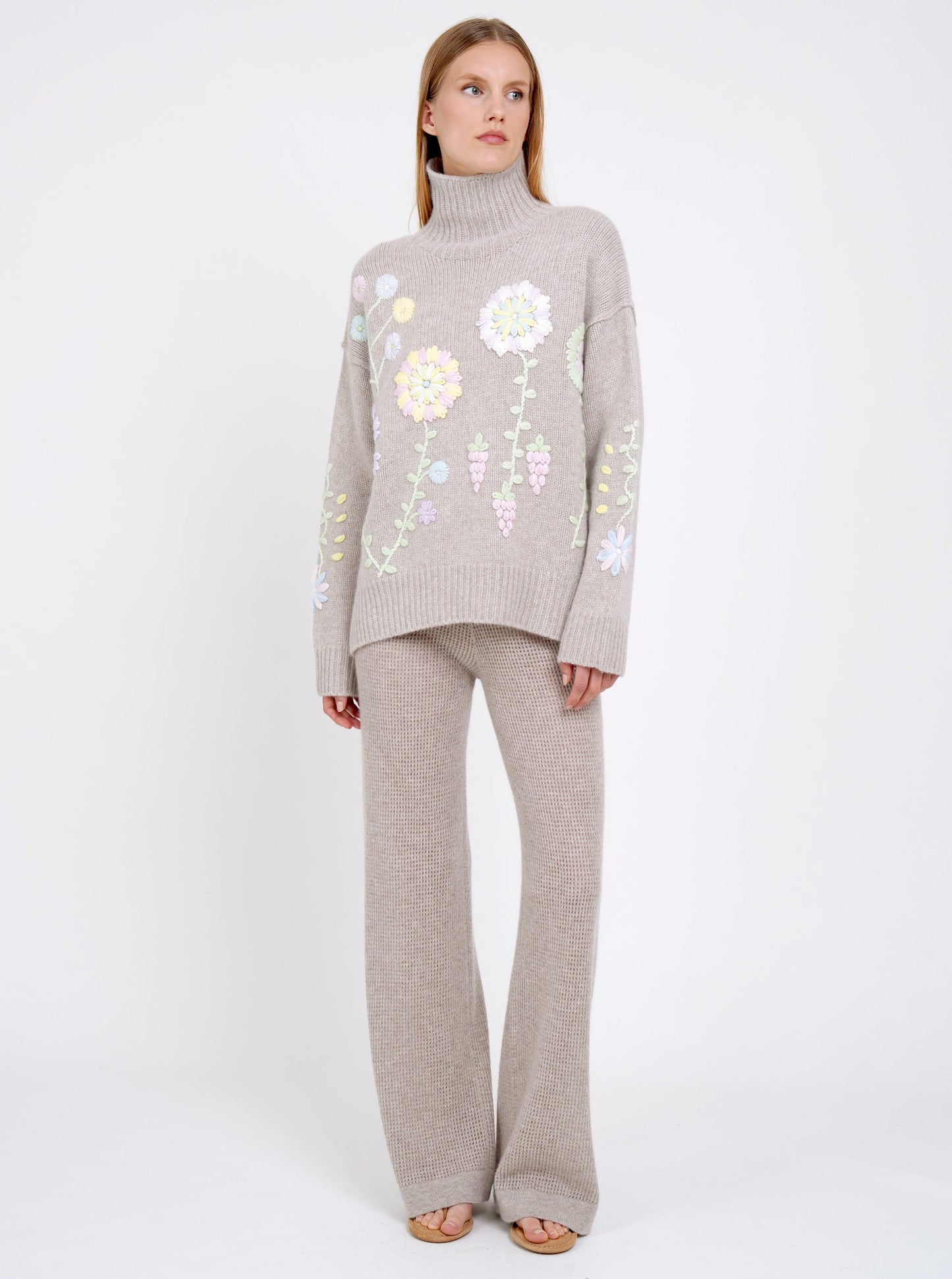 New Beige Pastel Embroidered Roll Neck Jumper