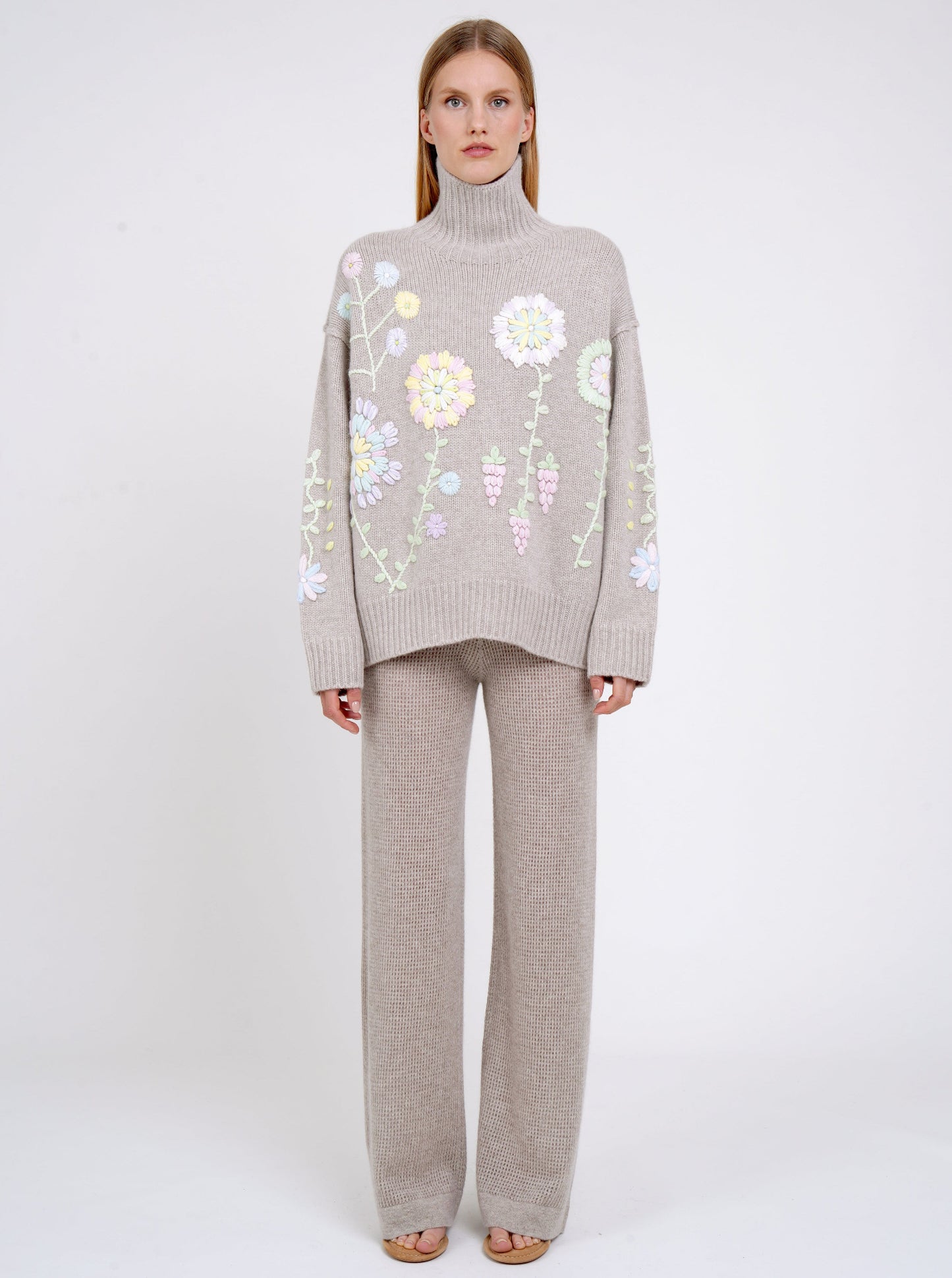 New Beige Pastel Embroidered Roll Neck Jumper