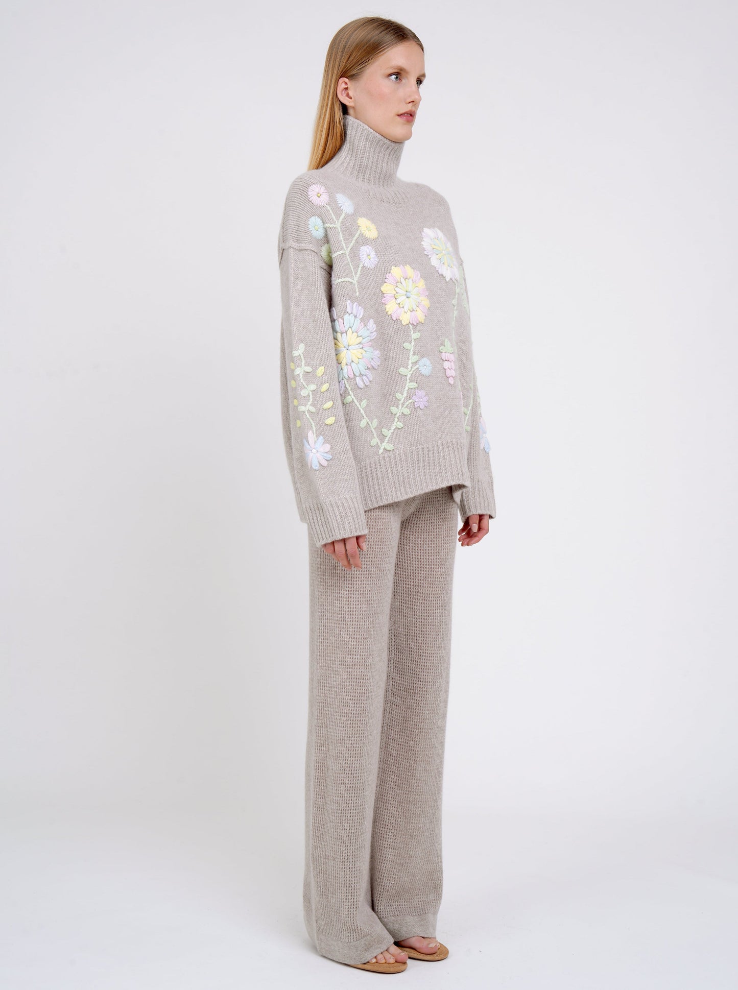 New Beige Pastel Embroidered Roll Neck Jumper
