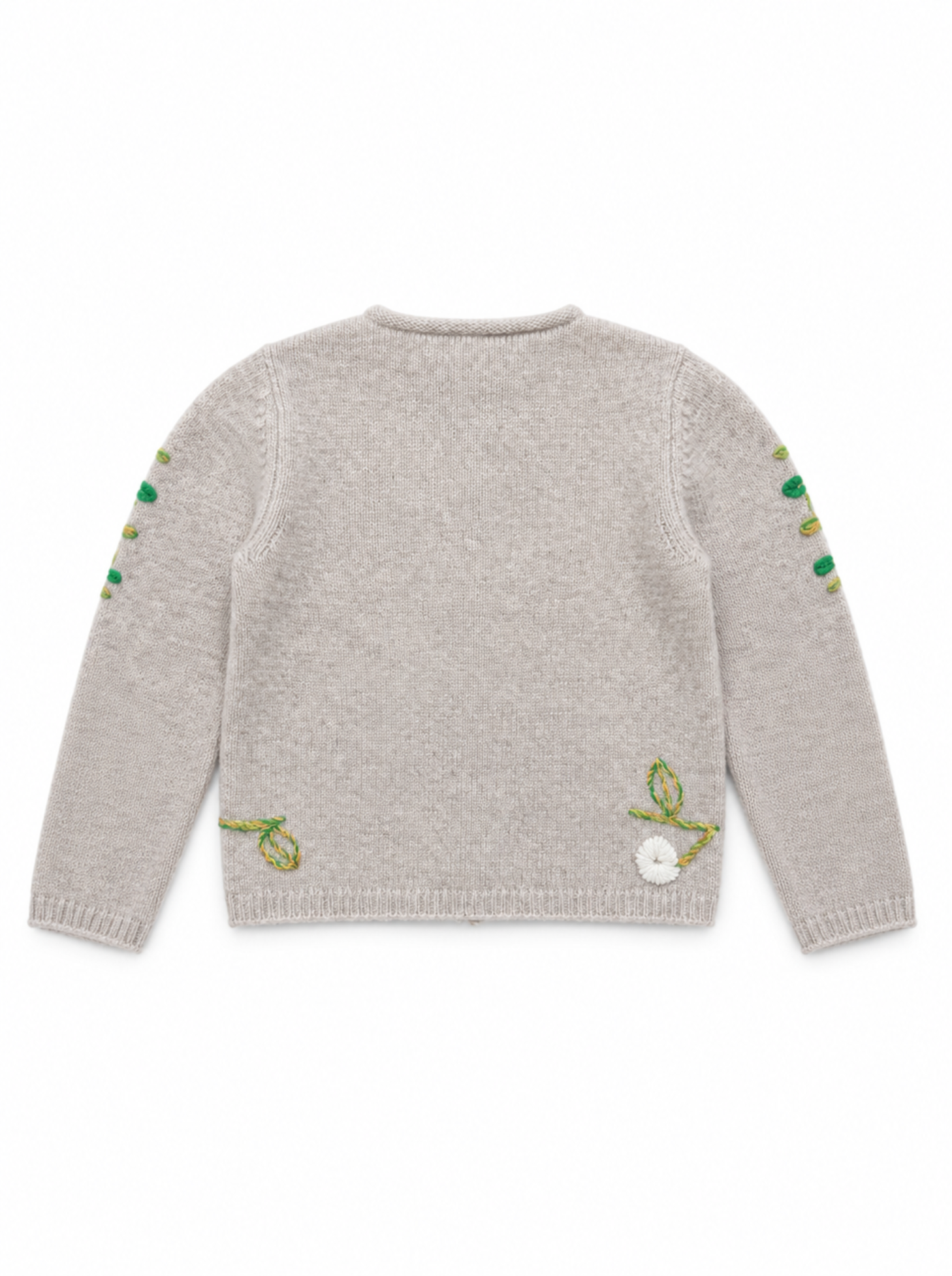 New beige knit cardigan sweater shown from the back, featuring green embroidered leaf and vine motifs along the sleeves and lower back, with a small white pom-pom detail.