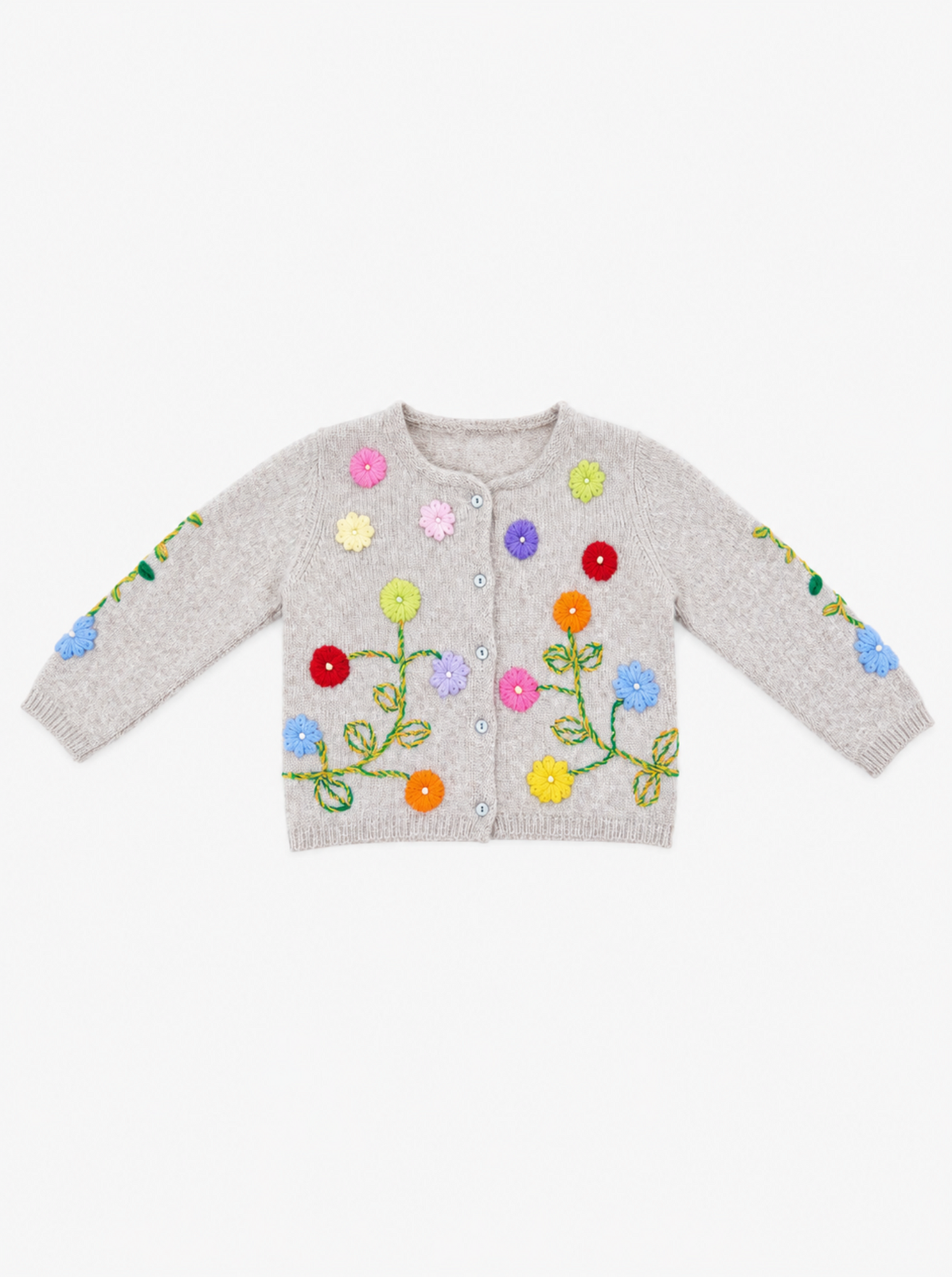 New beige knit cardigan sweater for toddlers, featuring colorful embroidered flowers and green stems across the front and sleeves, with a button-up closure.