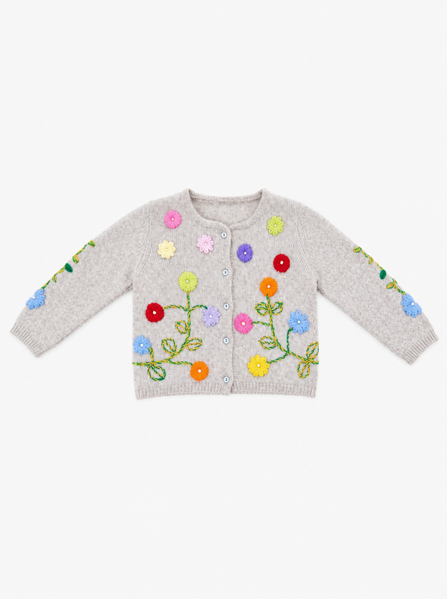 New beige knit cardigan sweater for toddlers, featuring colorful embroidered flowers and green stems across the front and sleeves, with a button-up closure.