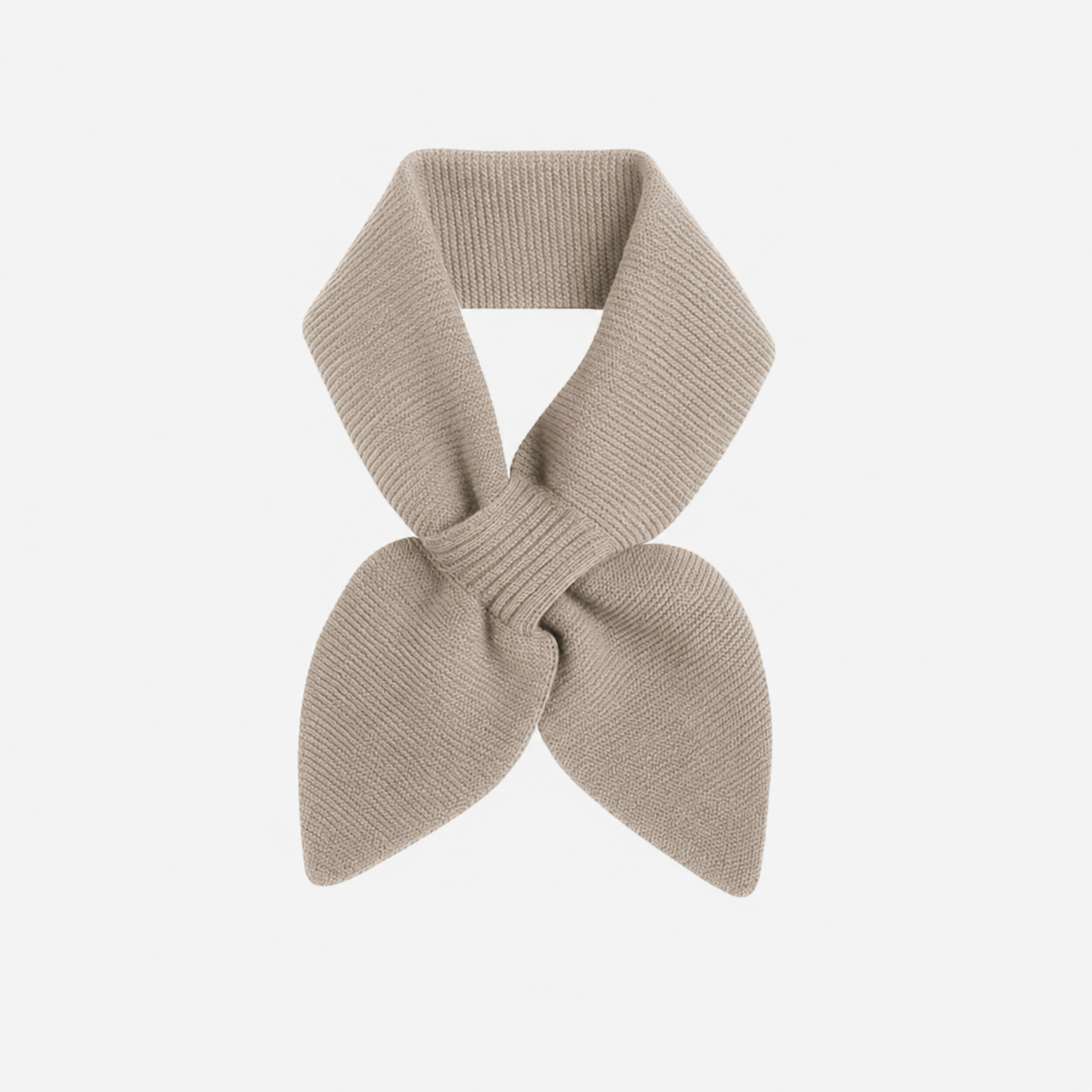 A beige  knit scarf tied in a bow, displayed against a clean white background.