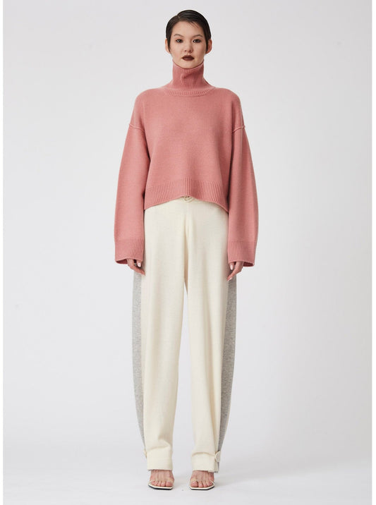 Salmon Pink Cropped Roll Neck Cashmere Jumper