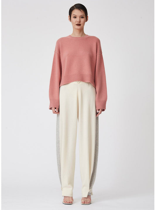 Salmon Pink Cropped Round Neck Cashmere Sweater