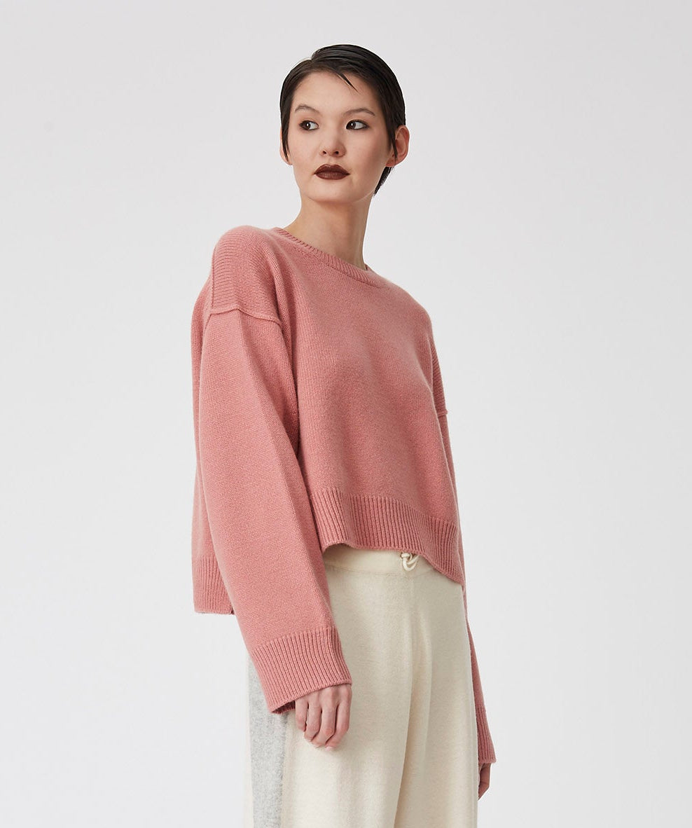 Salmon Pink Cropped Round Neck Cashmere Sweater