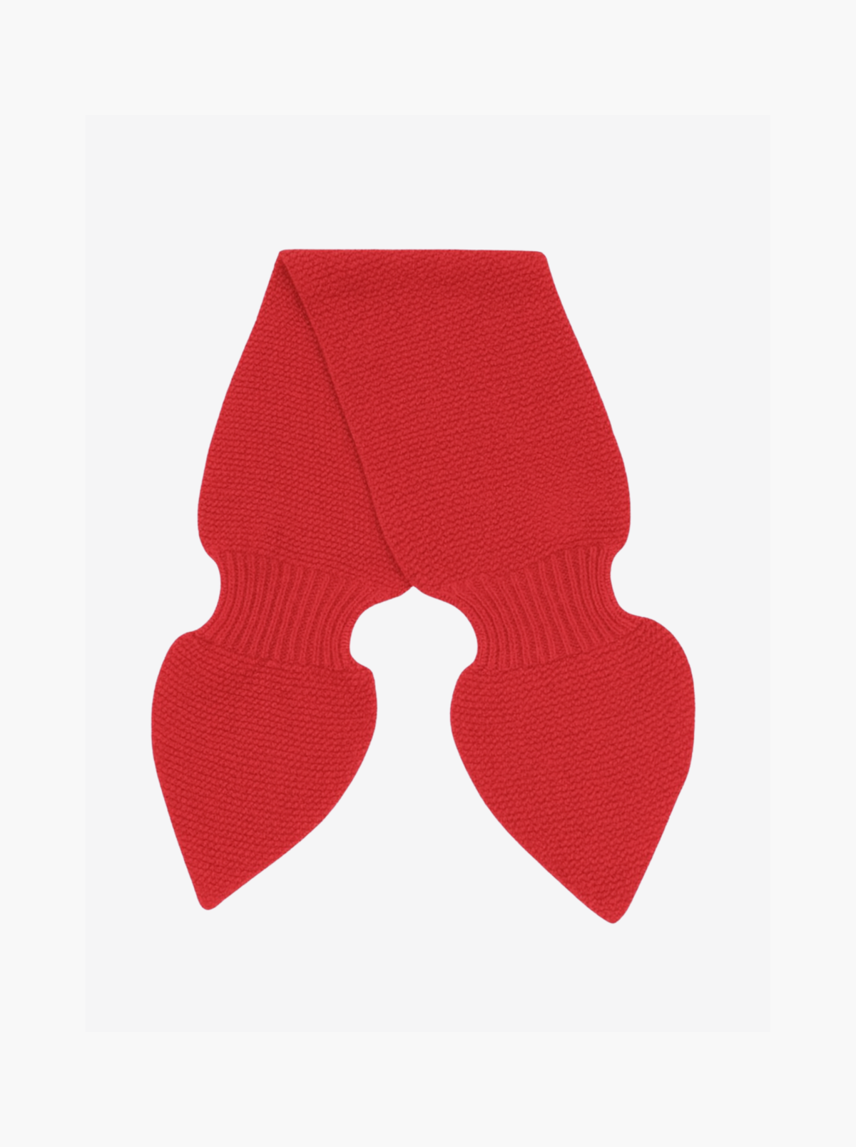 A bright red ribbed knit scarf tied in a bow shape, presented on a clean white background.