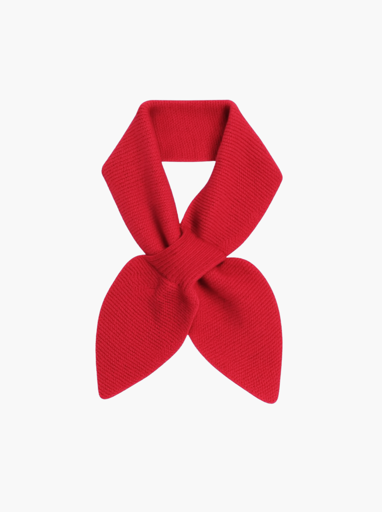 A bright red ribbed knit scarf tied in a bow shape, presented on a clean white background.