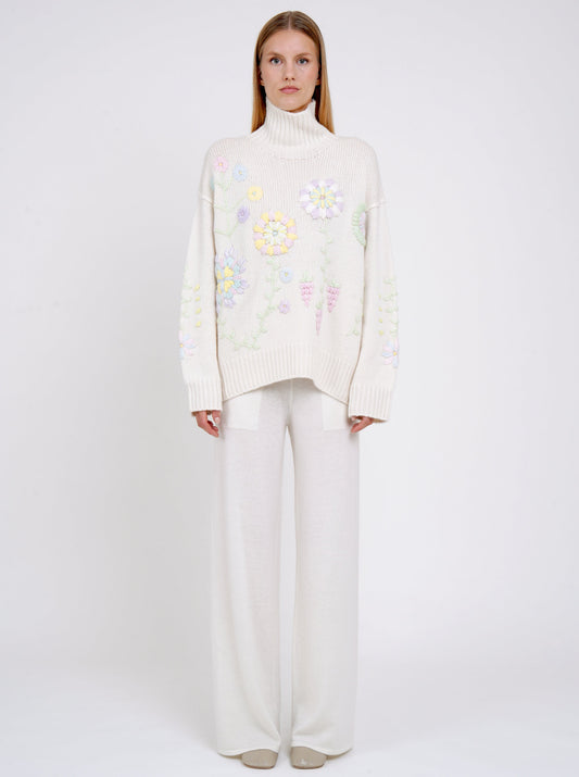 White Pastel Embroidered Roll Neck Jumper