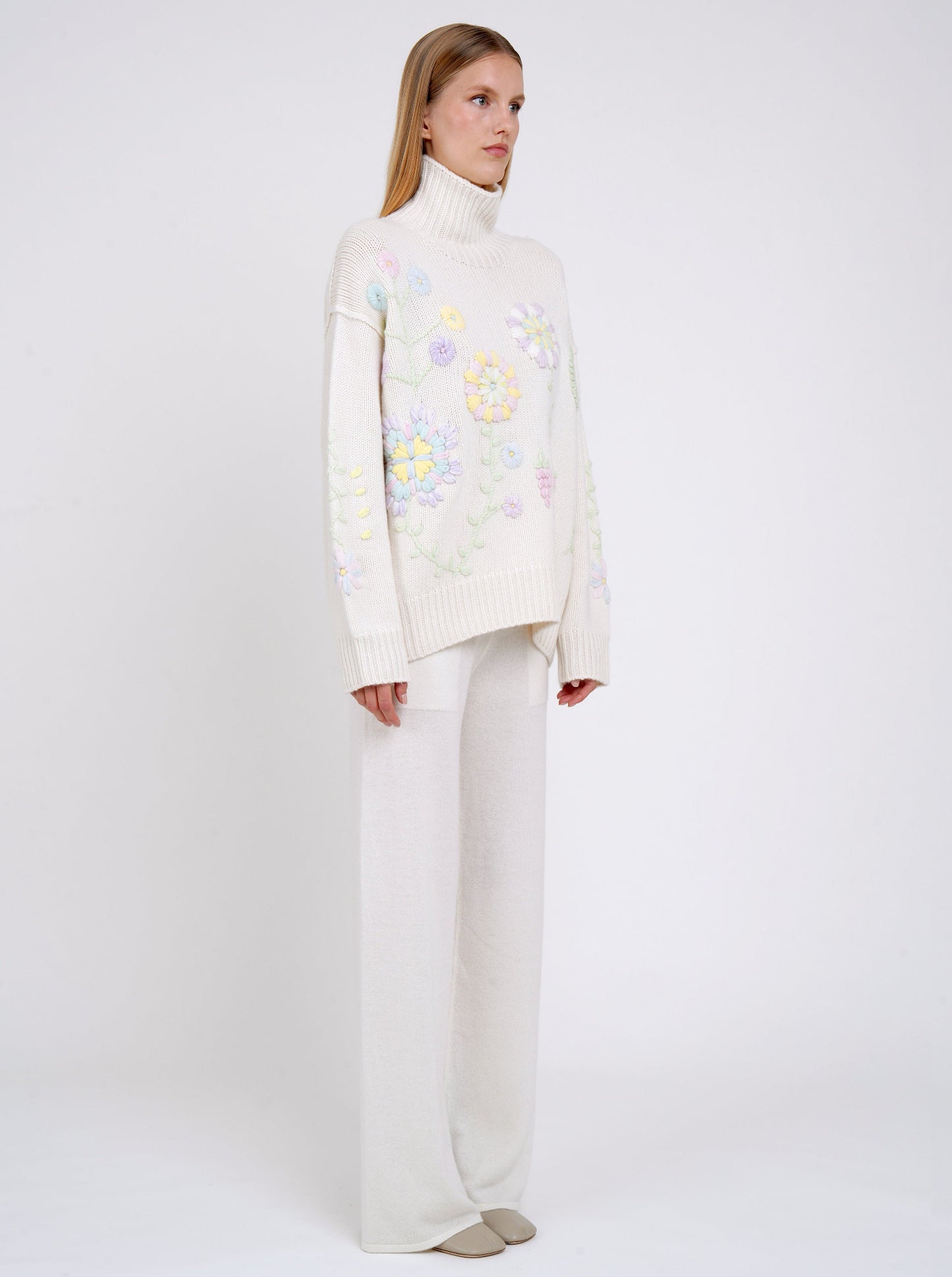White Pastel Embroidered Roll Neck Jumper