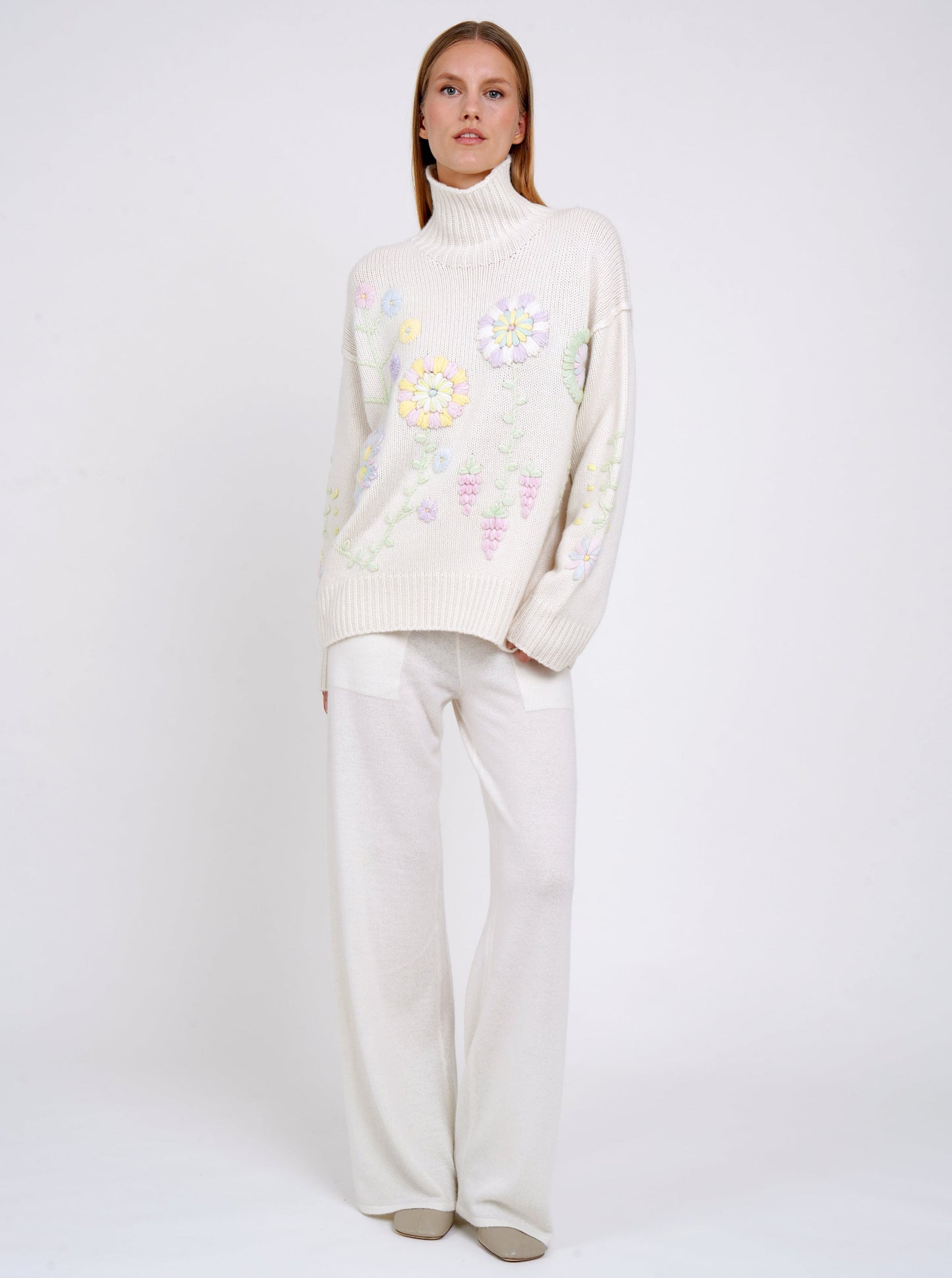 White Pastel Embroidered Roll Neck Jumper