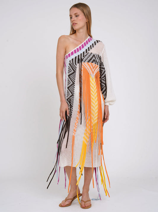 white light weight cashmere knit one shoulder shift dress with asymmetric neckline, decorated with hand woven coloured fringes which move and flow to the ground.