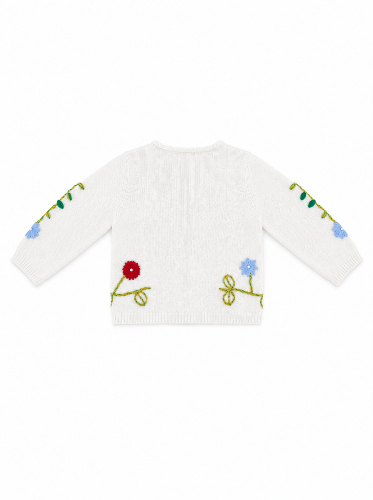 A white knit sweater with colorful floral and vine embroidery on the front, featuring a red flower, a blue flower, and green stems on a plain white background.