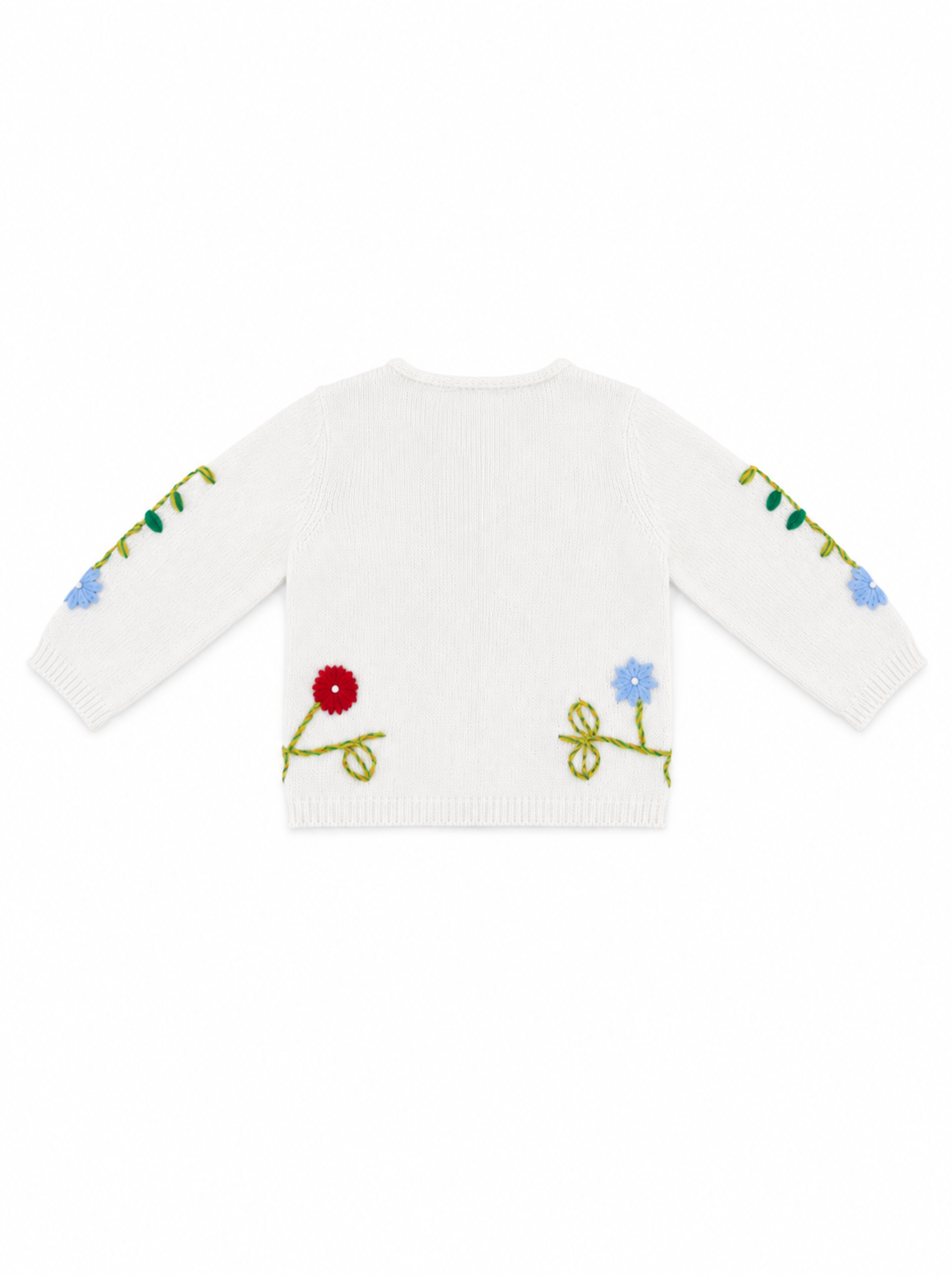 A white knit sweater with colorful floral and vine embroidery on the front, featuring a red flower, a blue flower, and green stems on a plain white background.