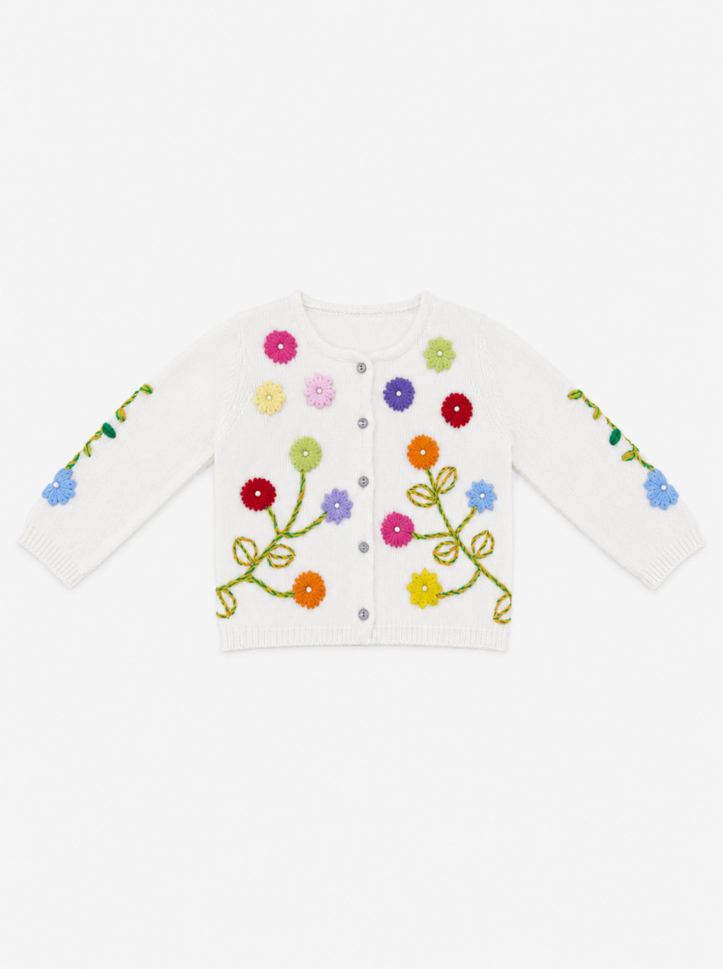 A white knit cardigan sweater with colorful embroidered flowers and green stems, featuring a snap-button front and long sleeves, shown against a plain white background.
