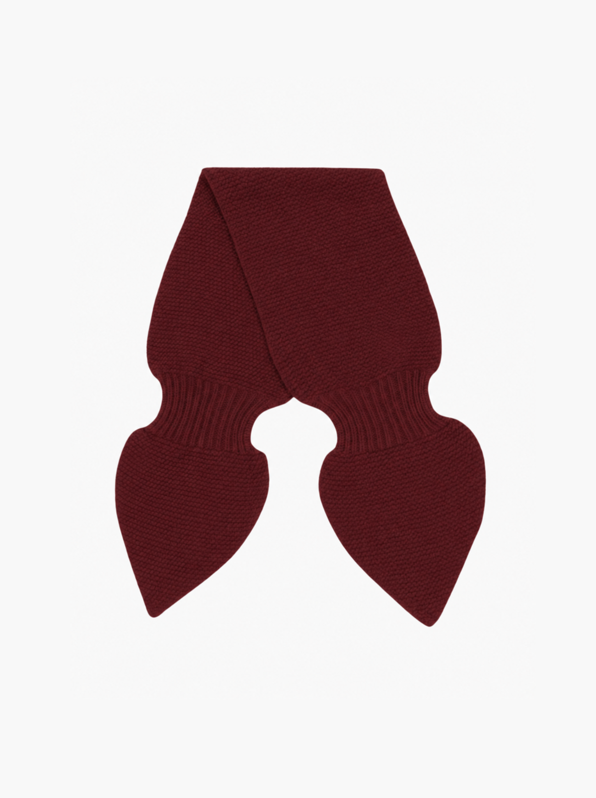 A dark burgundy knit scarf with a unique pointed, wing-like silhouette, displayed flat against a solid white background.