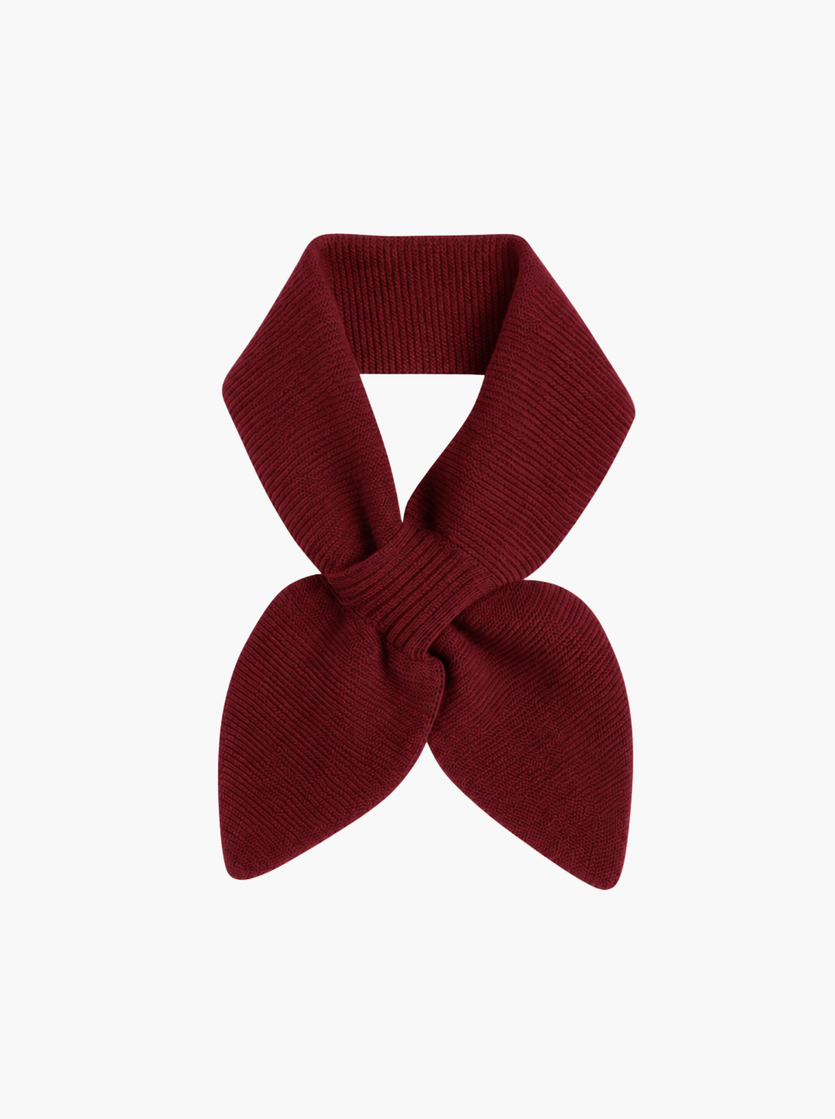 A dark burgundy ribbed knit scarf tied in a bow, displayed against a clean white background.