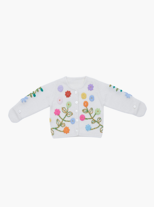 front flat lay of the embroidered baby cashmere cardigan in white with multicolour flowers 