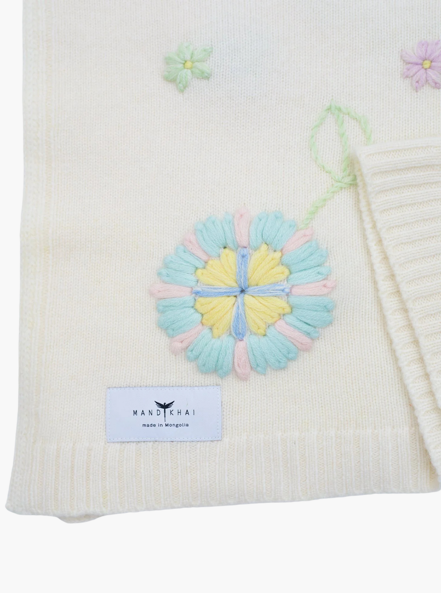 Up close embroidered floral cashmere baby cot blanket