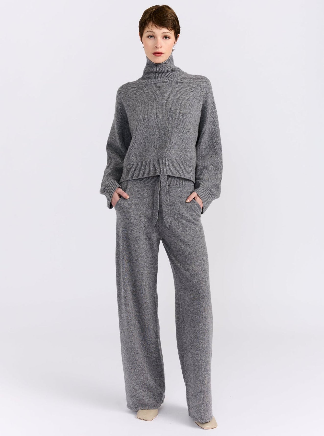 grey cropped roll neck jumper on model