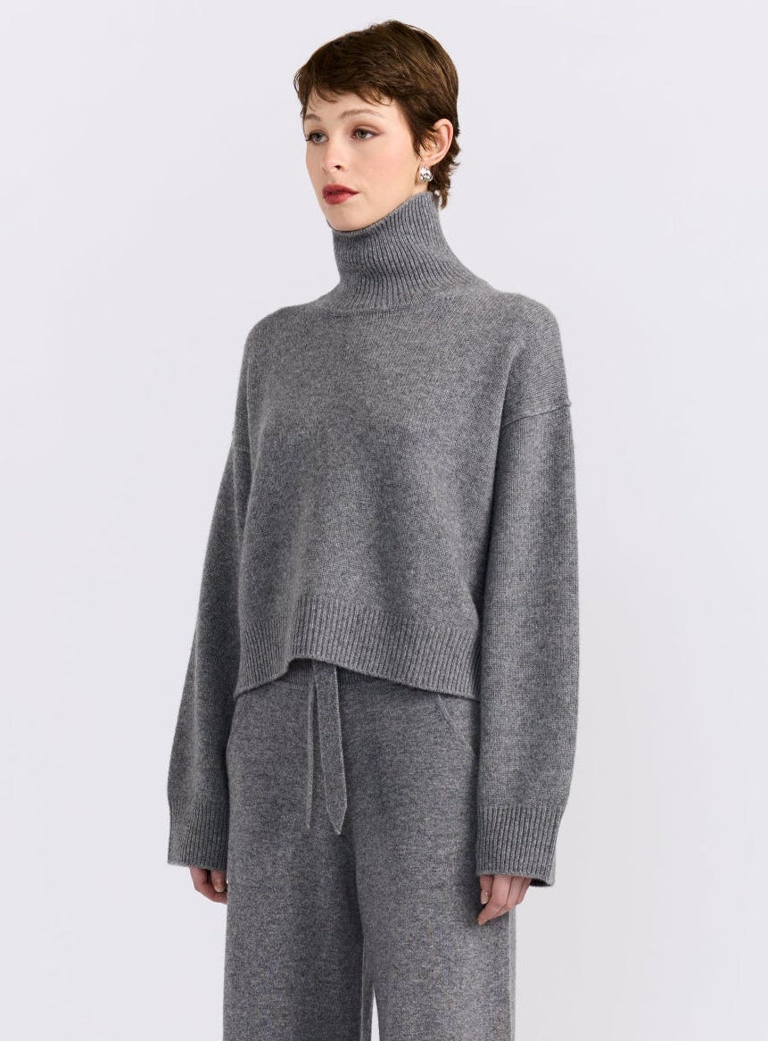 grey cropped cashmere roll neck jumper