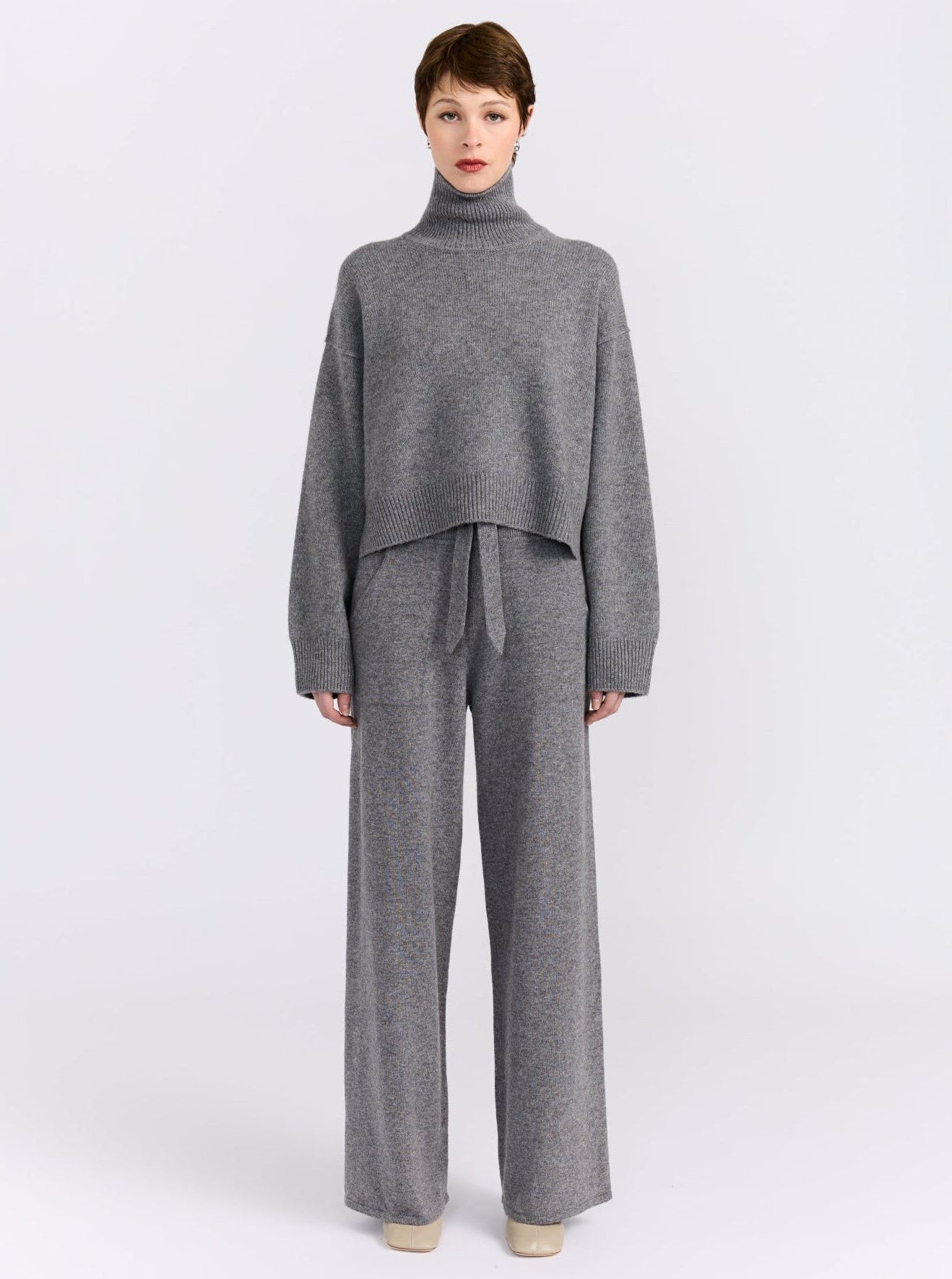 grey cropped roll neck cashmere jumper