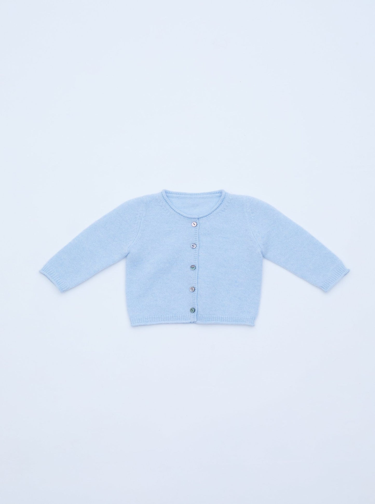 front flat lay of light blue baby cashmere cardigan