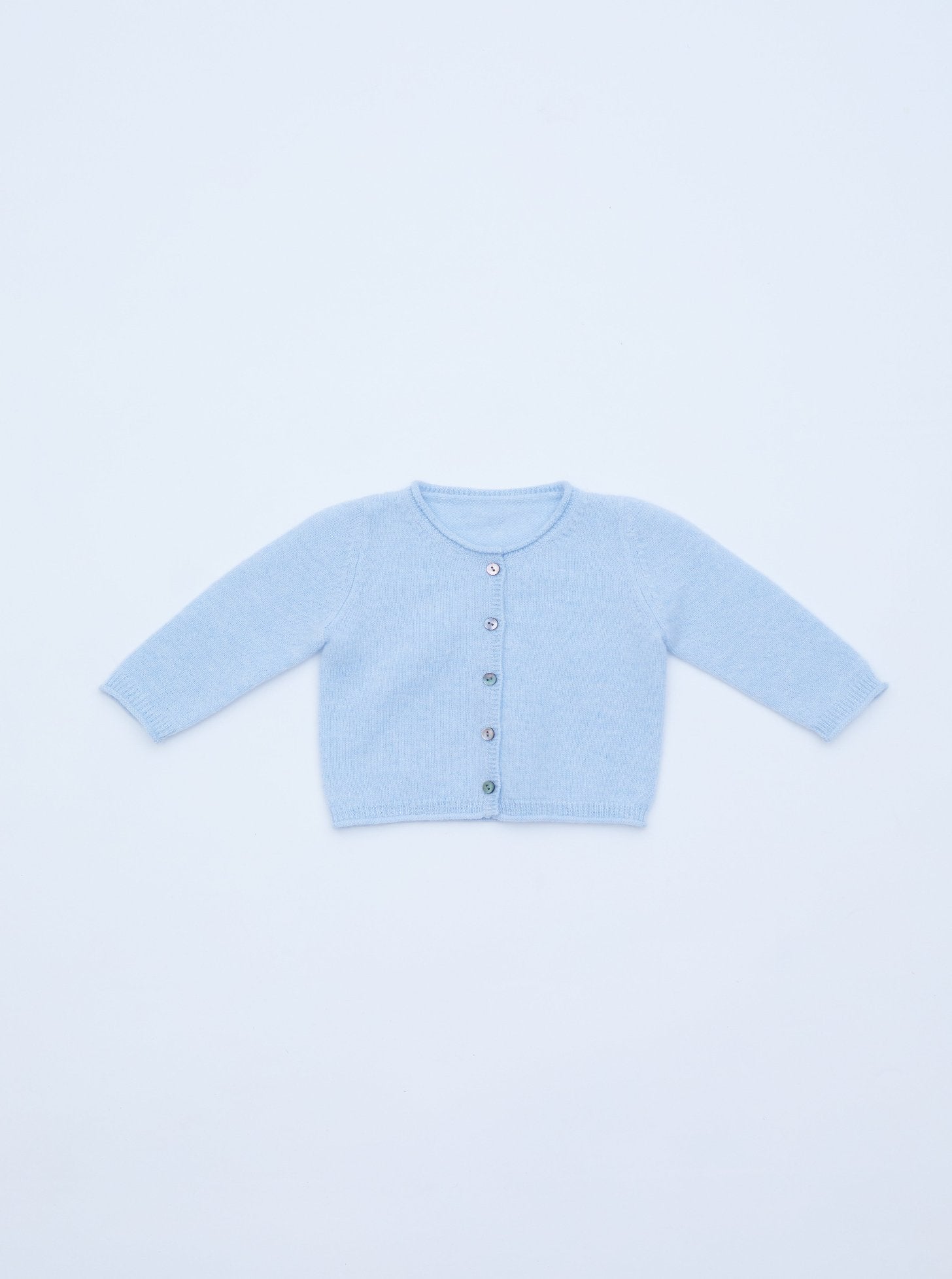 front flat lay of light blue baby cashmere cardigan