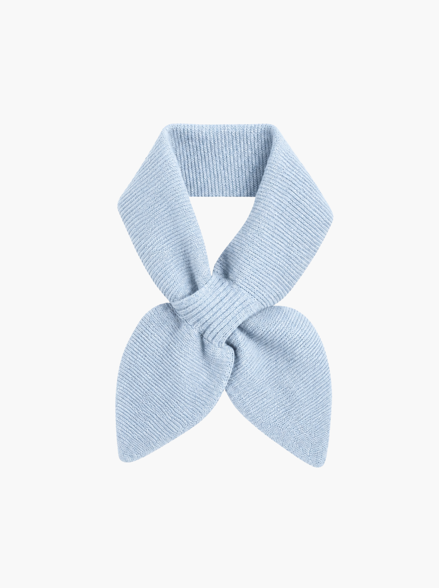 A light blue ribbed knit scarf tied in a bow shape, presented on a clean white background.