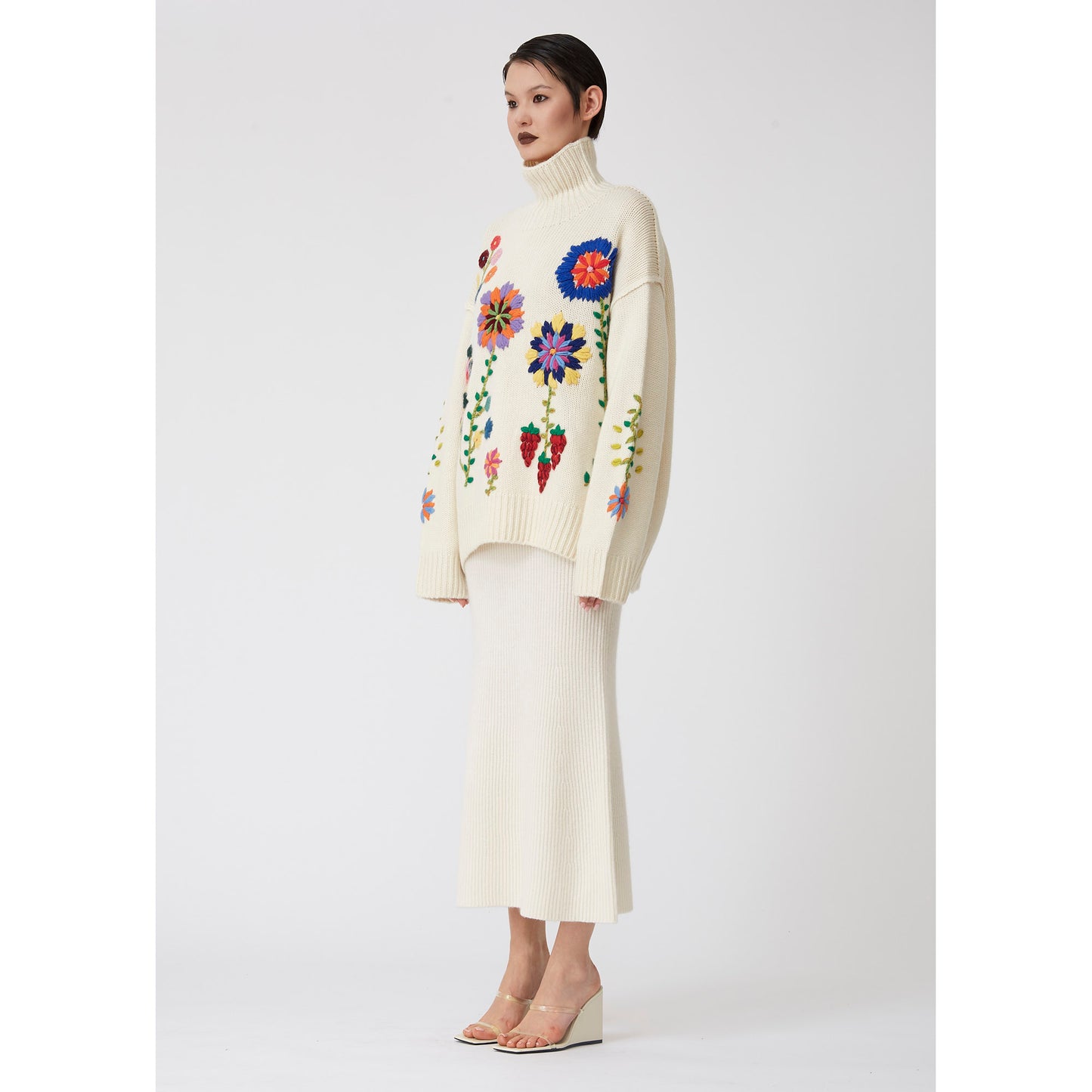 White Hand Embroidered Cashmere Roll Neck Jumper