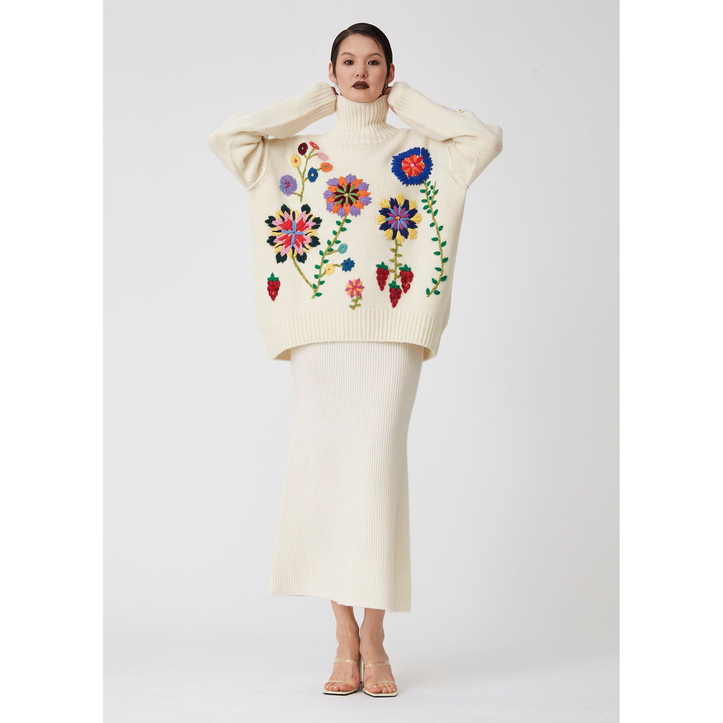 White Hand Embroidered Cashmere Roll Neck Jumper